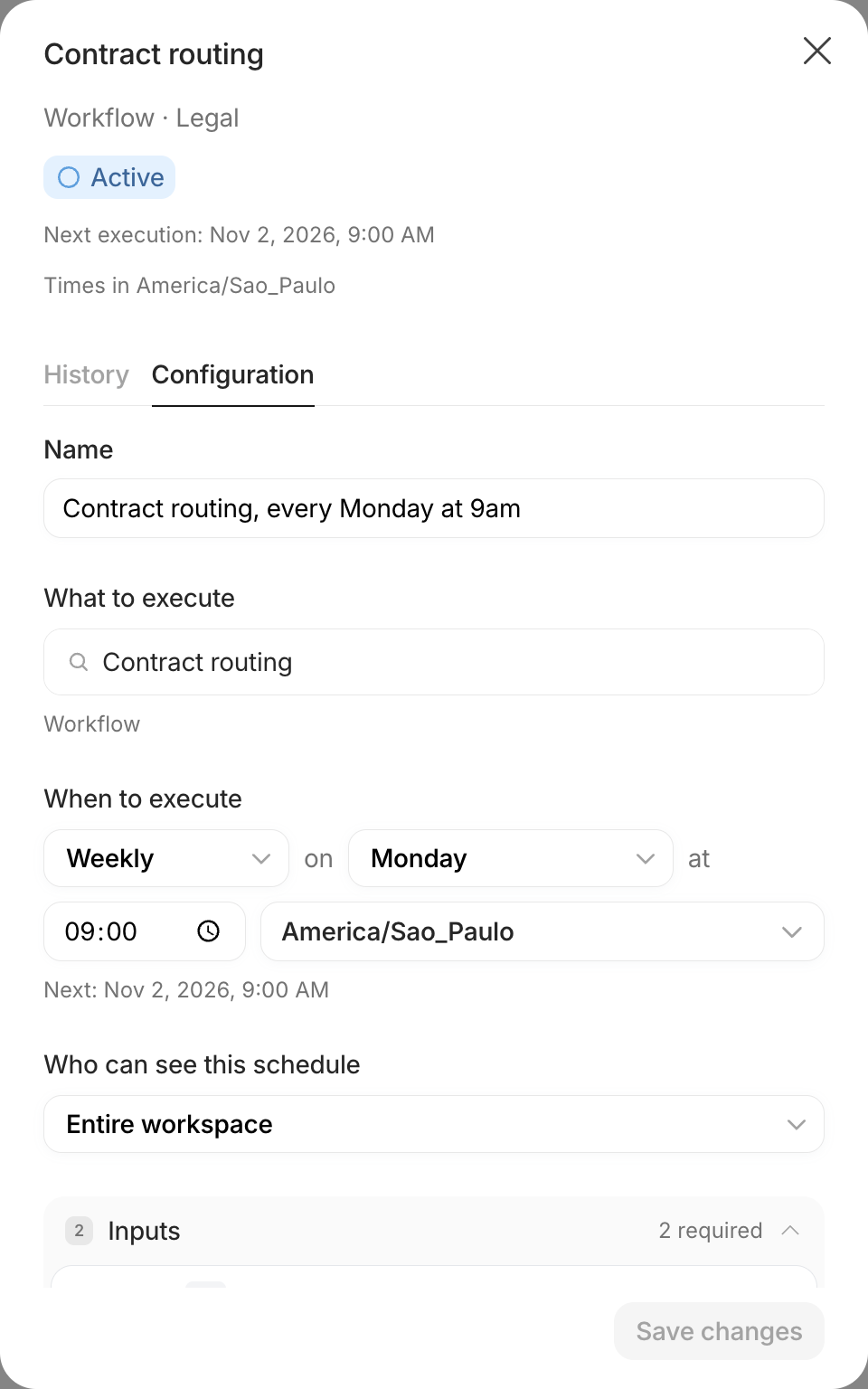 Configuration tab of an active weekly schedule, with name, destination, frequency, time zone and inputs