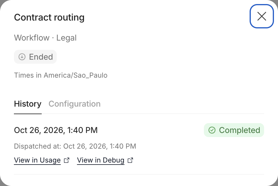 Details of the finished one-time schedule, History tab, with the Completed run and the links View in Usage and View in Debug