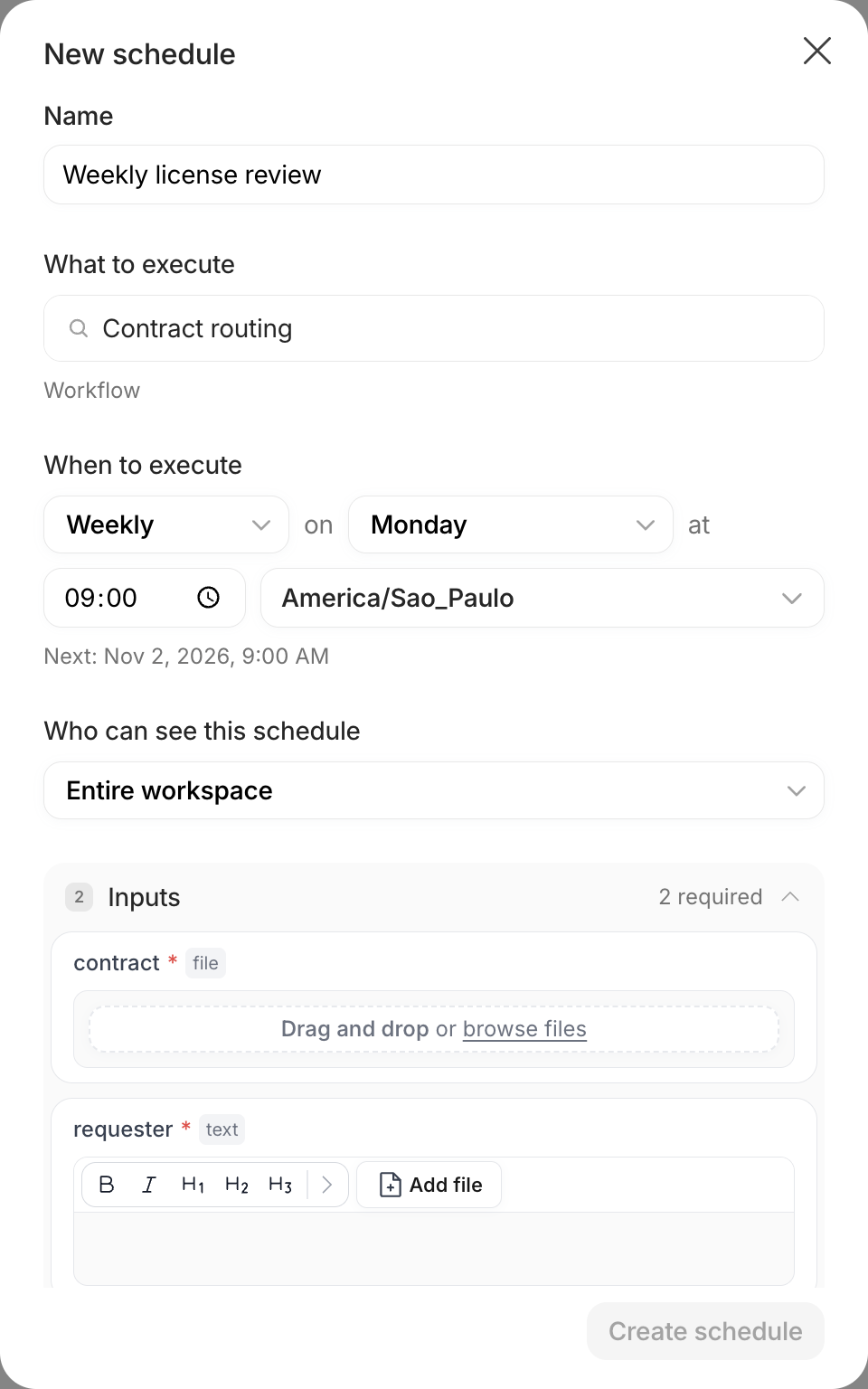 New schedule dialog with name, Contract routing as the destination, Weekly on Monday at 09:00, time zone and the Inputs section