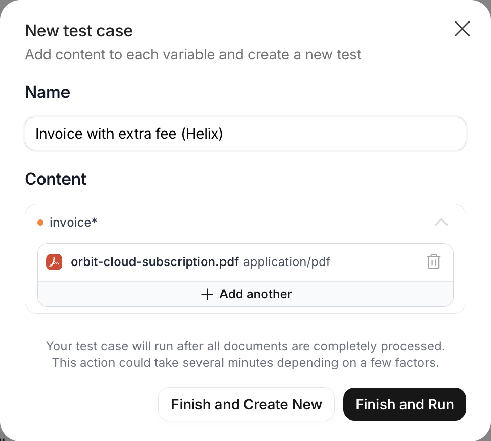 New test case dialog with the Name field and the invoice variable with an attached PDF