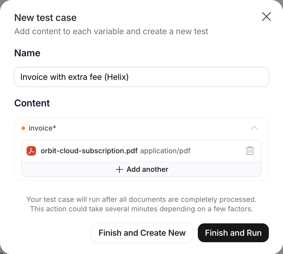 New test case dialog with the Name field and the invoice variable with an attached PDF