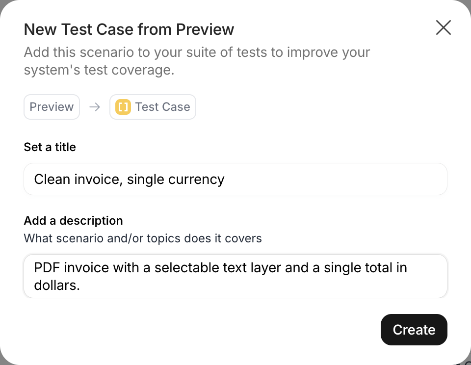 New Test Case from Preview dialog with a title and a description