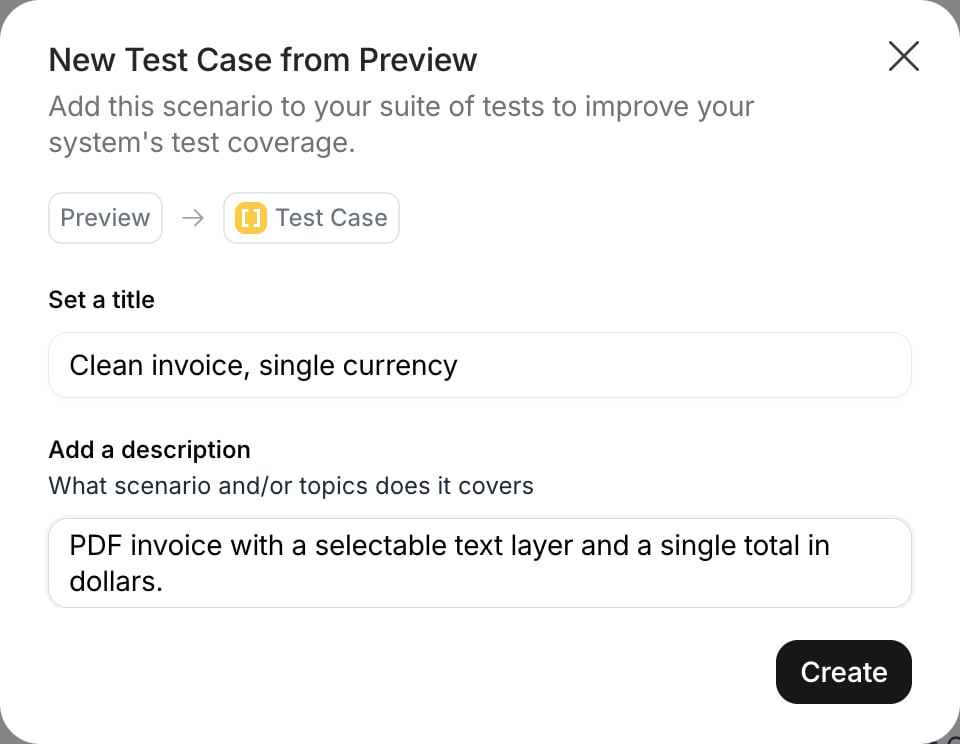 New Test Case from Preview dialog with a title and a description