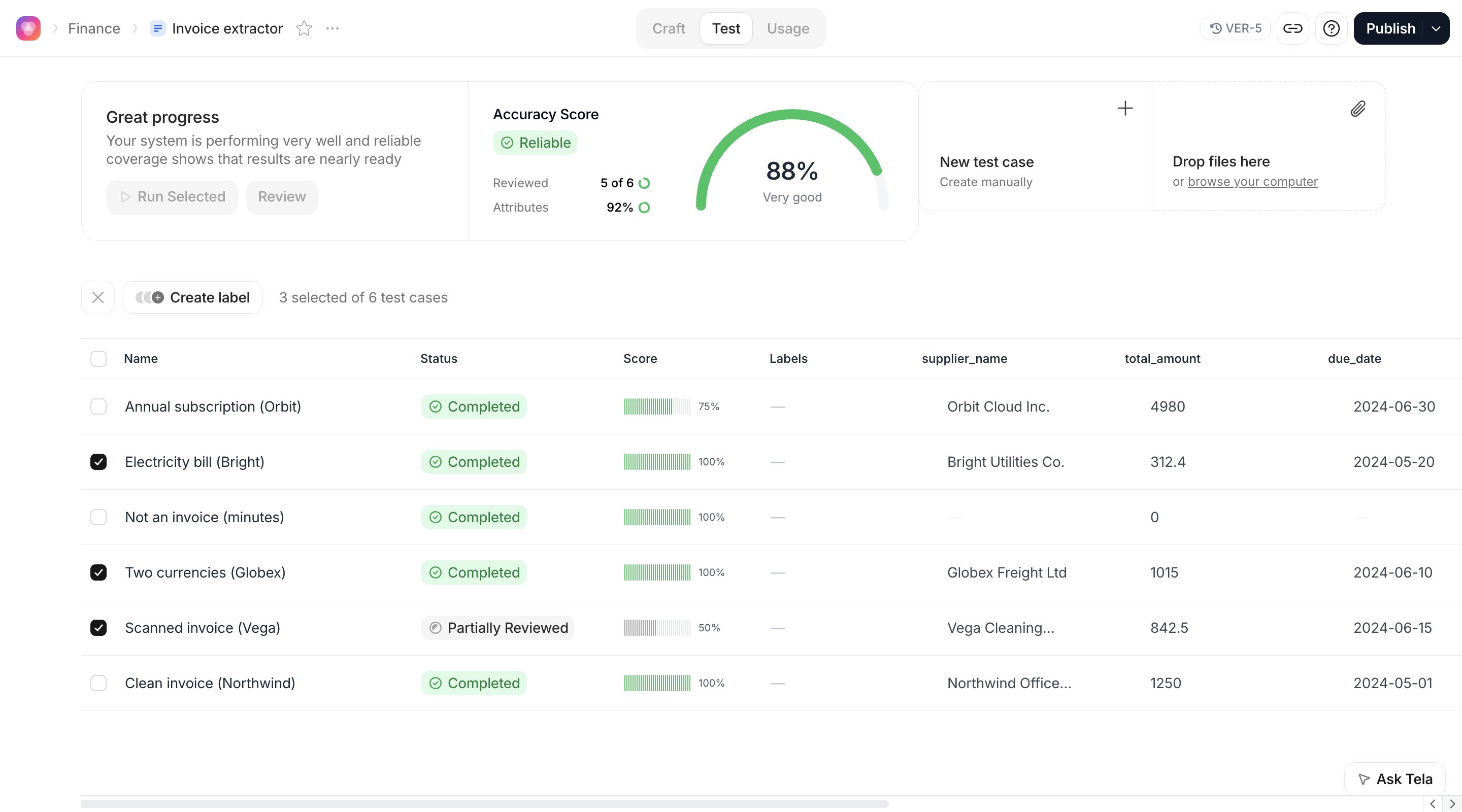 Summary card of the Test experience with Run Selected enabled and three rows ticked in the table