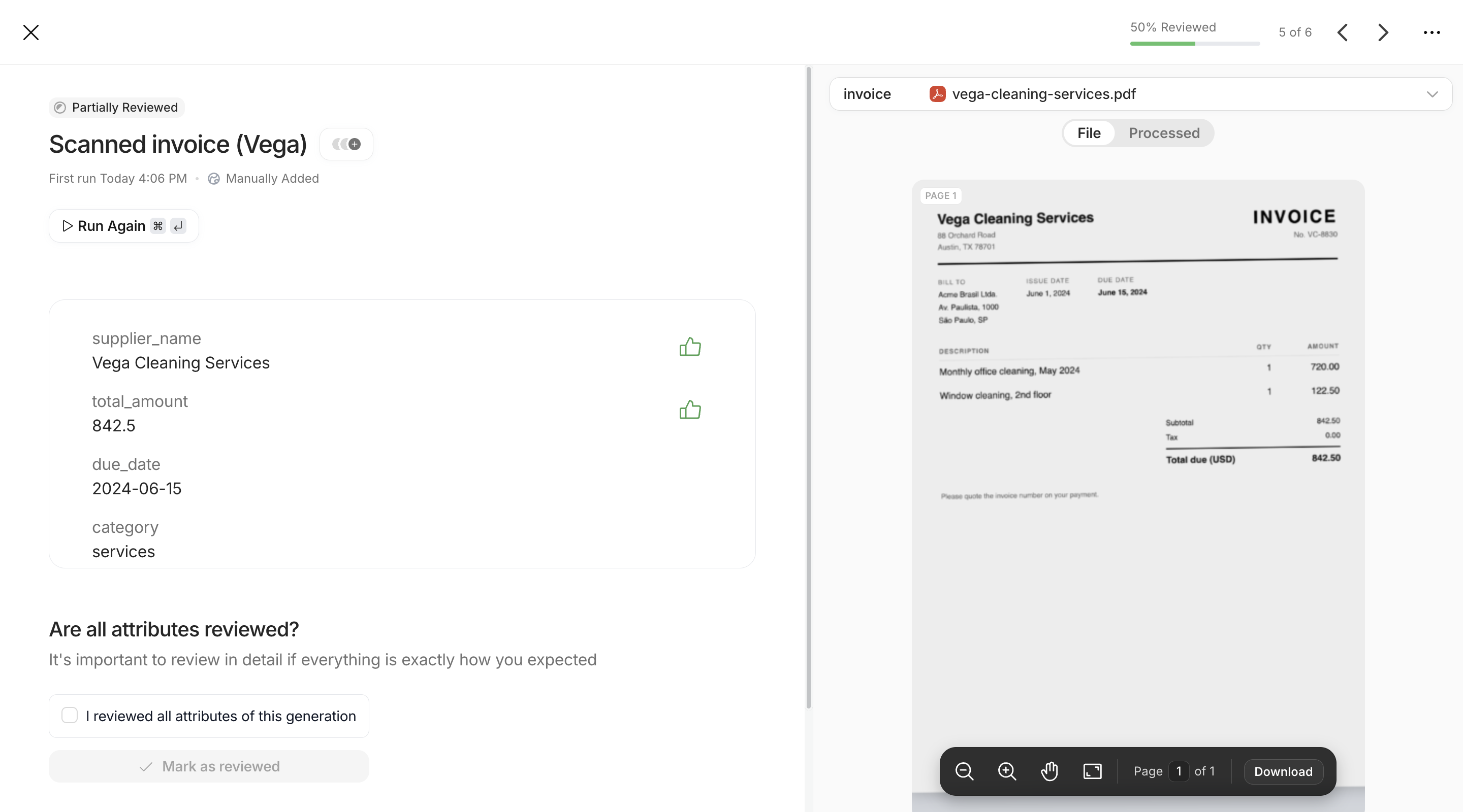 Test Case detail of the scanned invoice: result cards on the left with thumbs on each attribute, the Validations button, the inputs preview on the right showing the PDF, and the review progress bar in the header