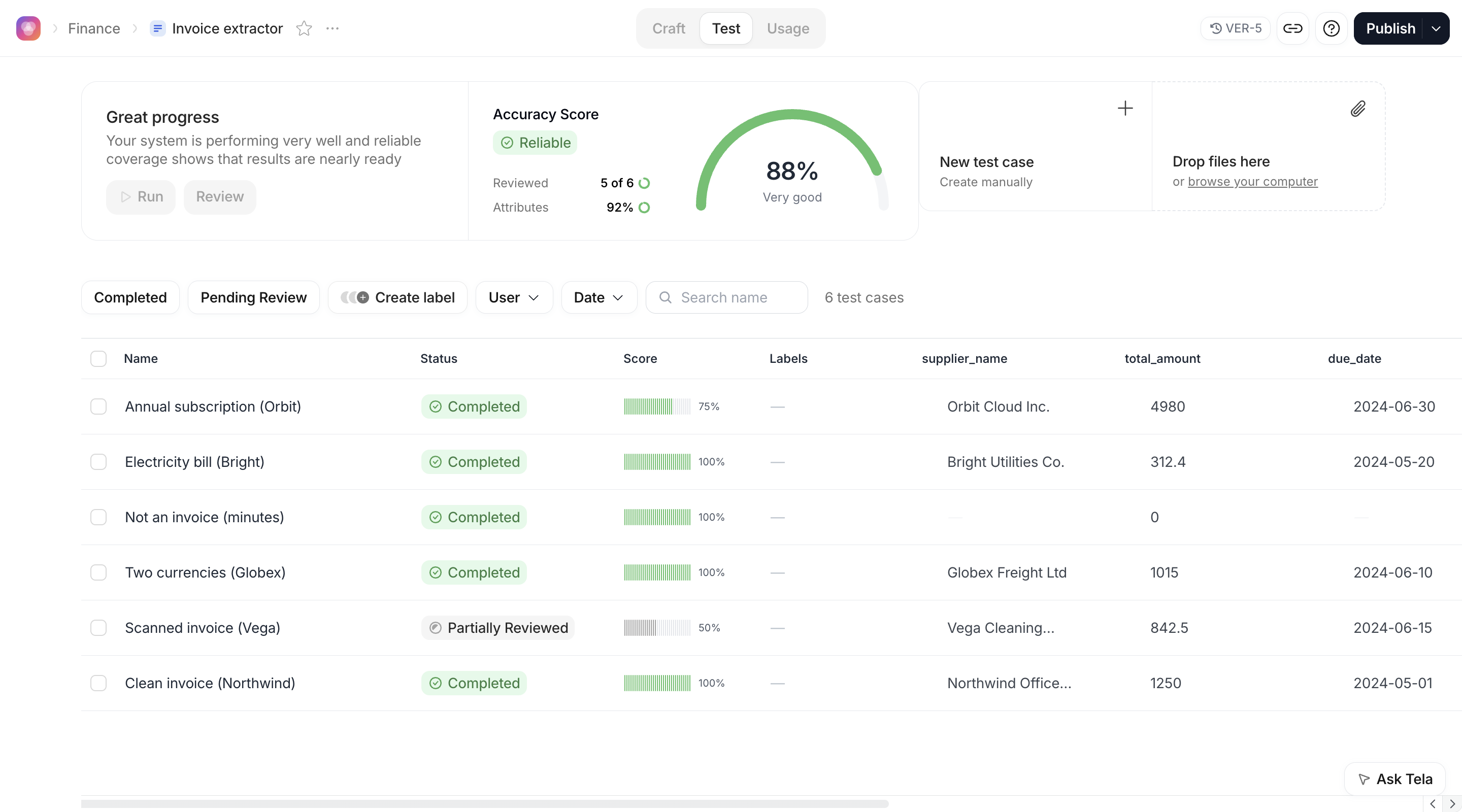Test experience of the invoice Canvas, with the summary card (Run, Review, Accuracy Score, Reviewed, Attributes), the New test case and Drop files here cards, and the table of Test Cases