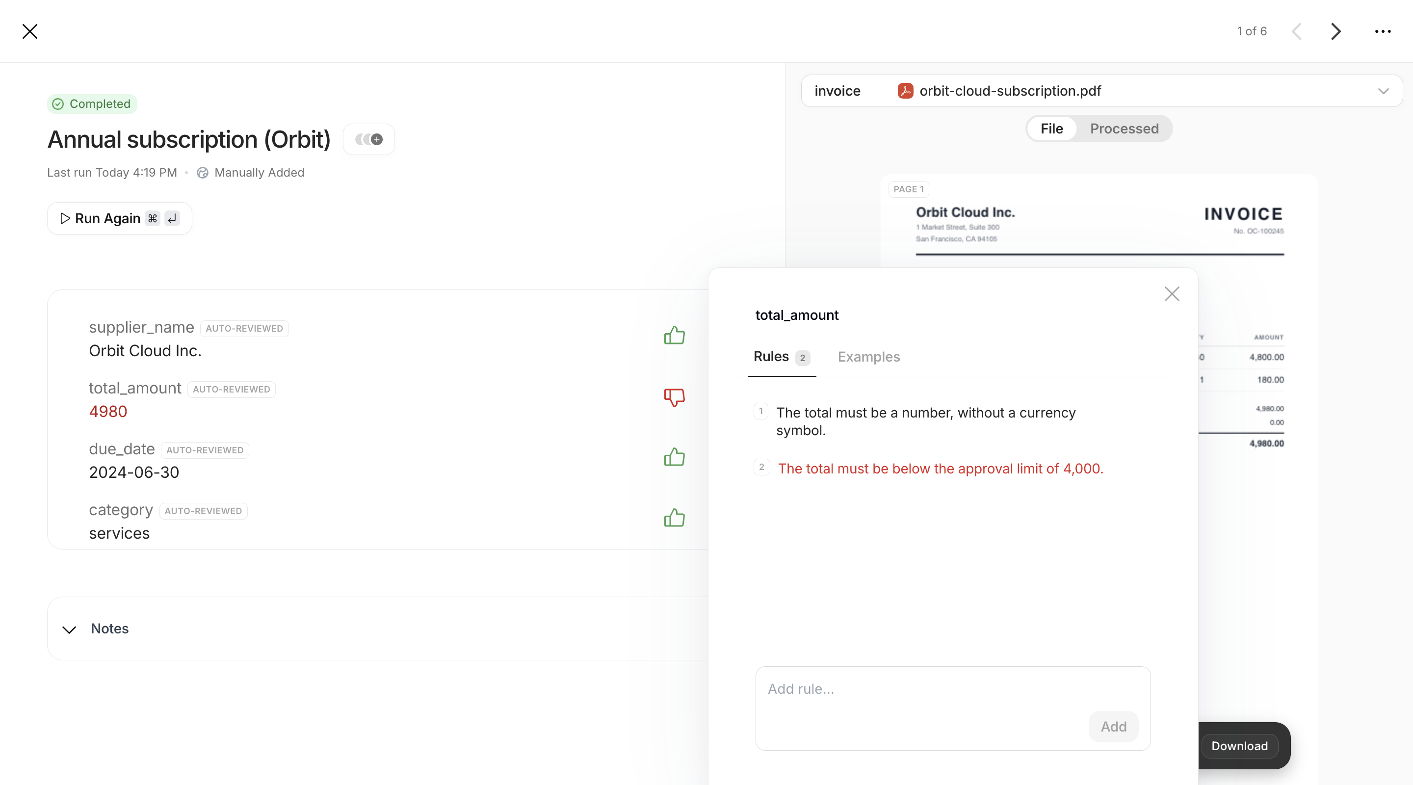 Validations popover of the total_amount attribute, Rules tab with two numbered rules, one of them in red as failed
