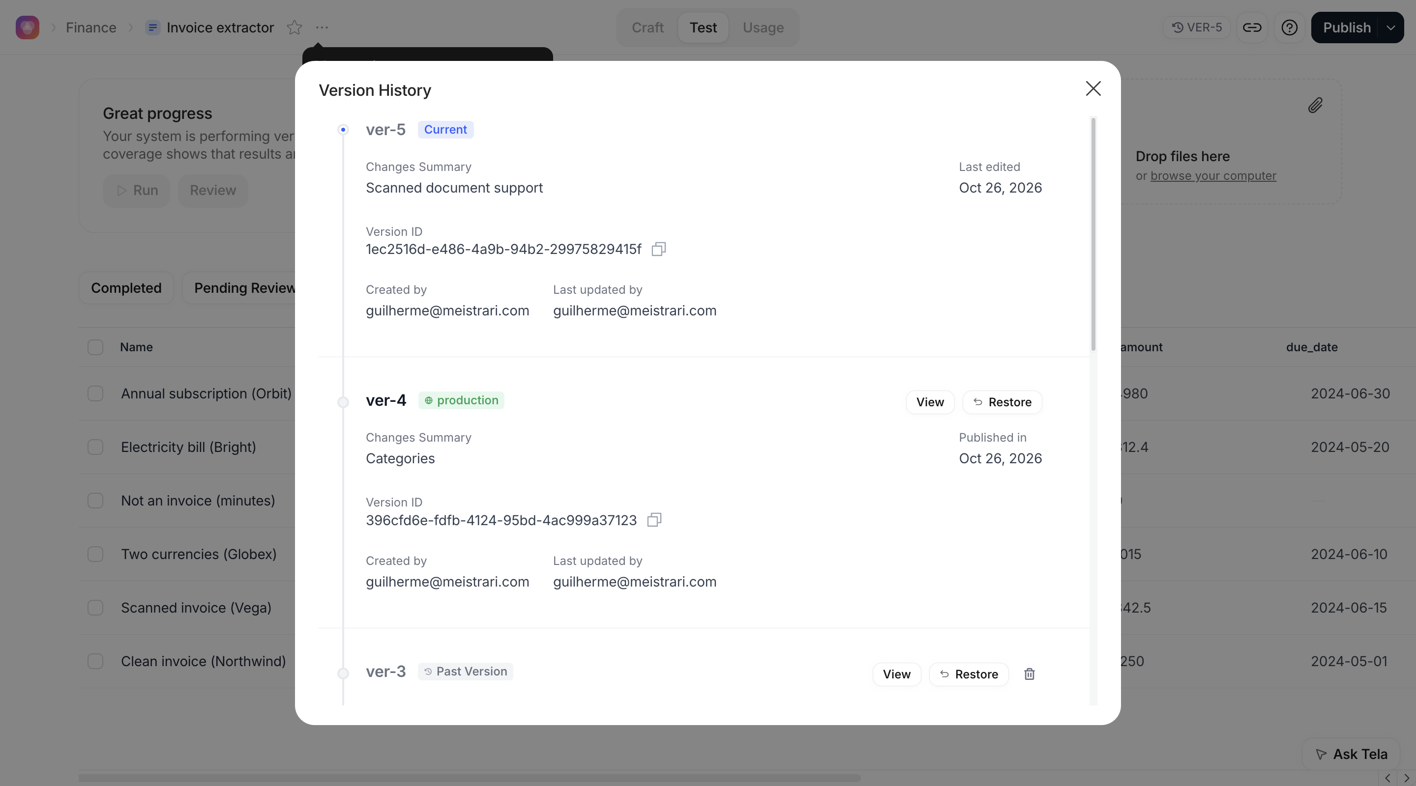Version History of the invoice Canvas with version 4 marked production and version 5 marked Current, the View button visible on version 4