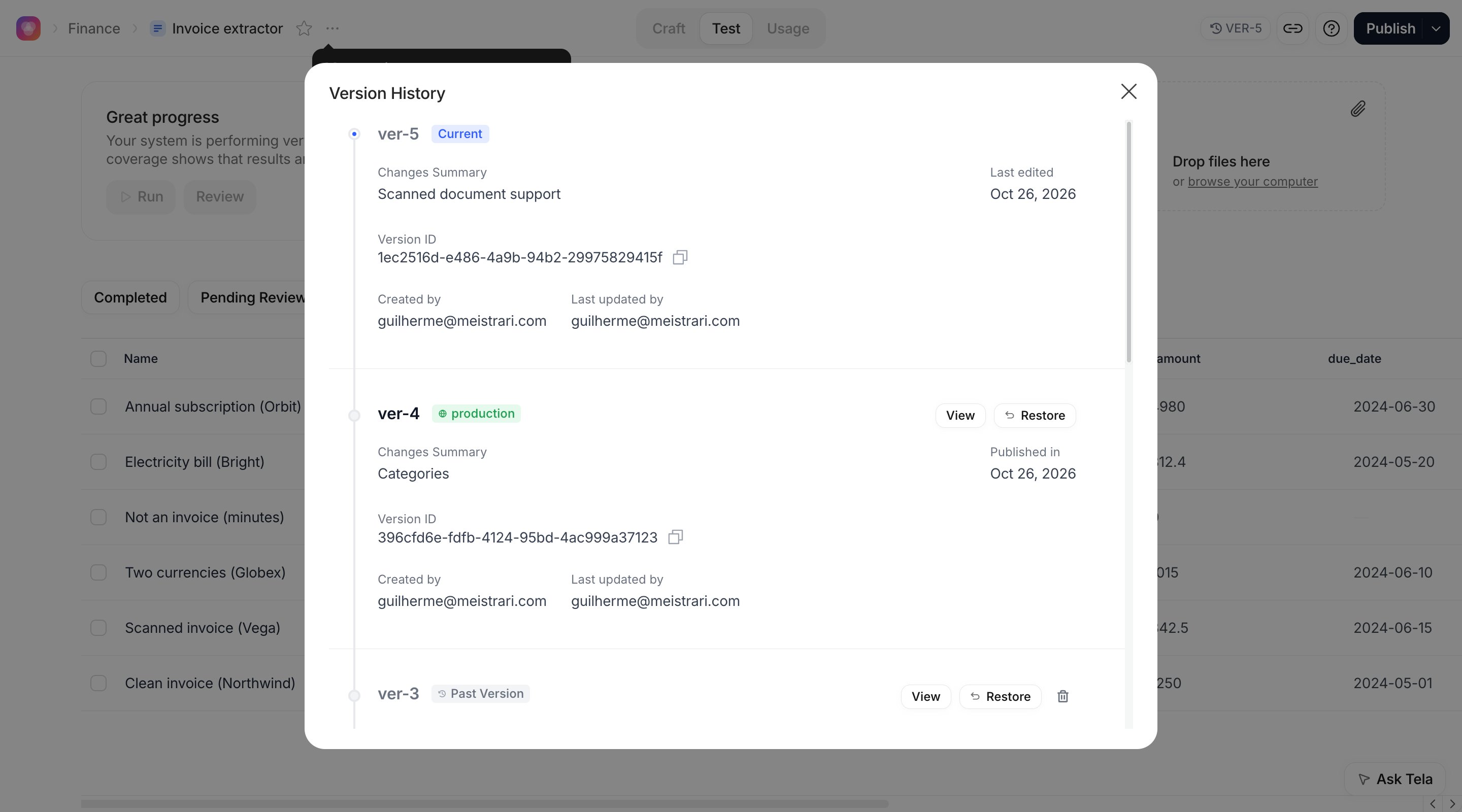 Version History of the invoice Canvas with version 4 marked production and version 5 marked Current, the View button visible on version 4