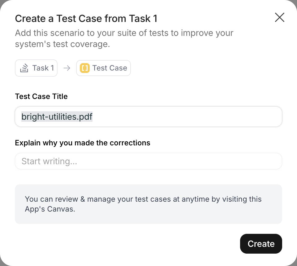 Create a Test Case from Task dialog