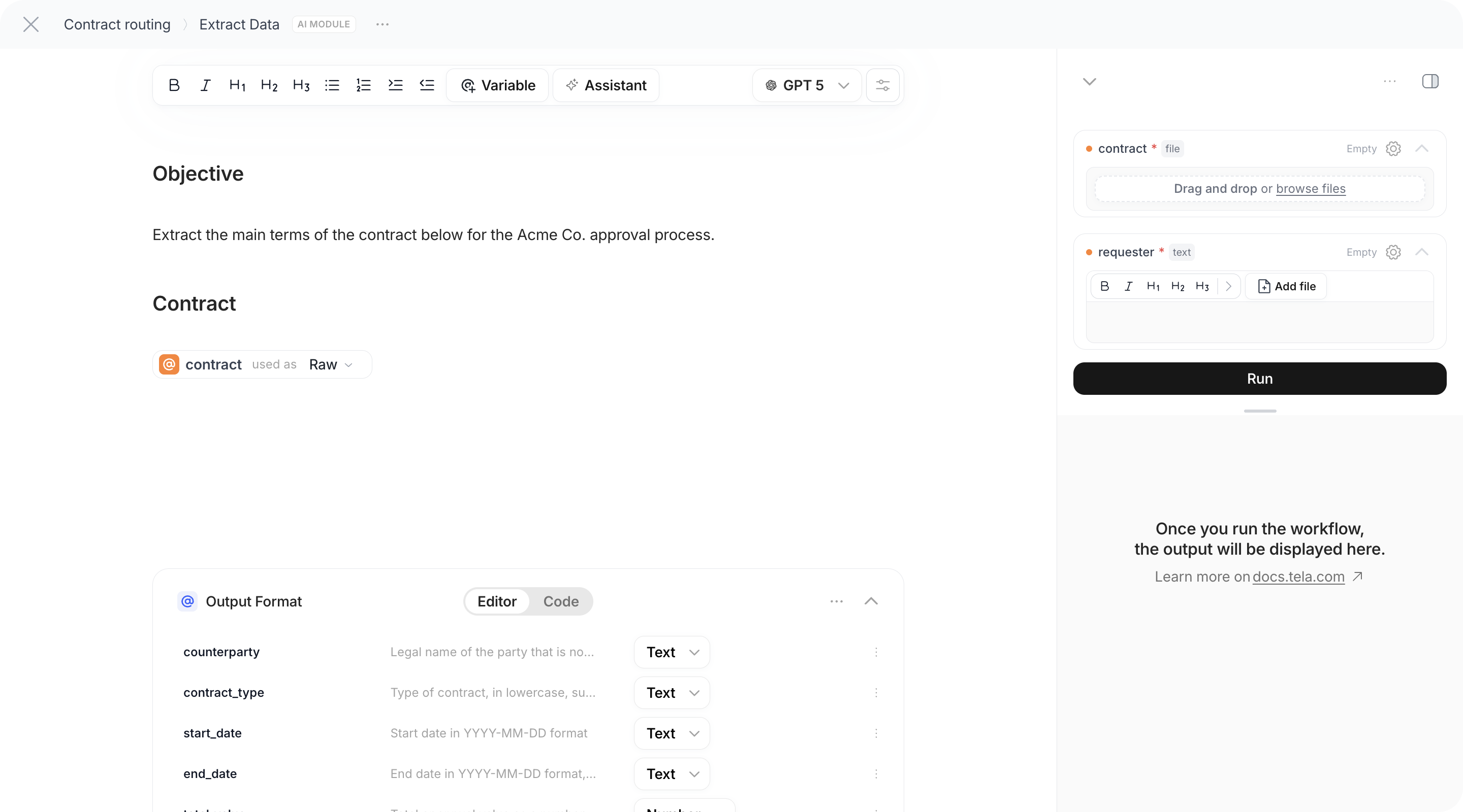 AI Module configuration with the prompt editor, model selector and Output Format