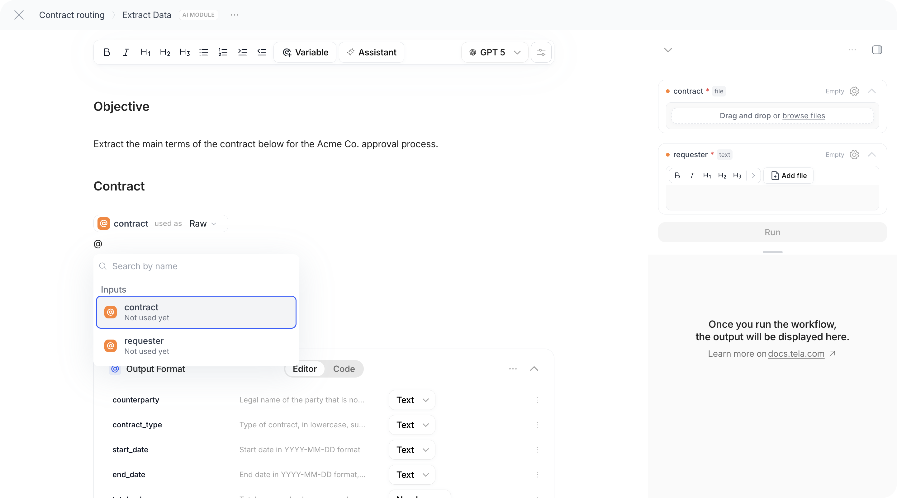 The @ menu inside an AI Module prompt, listing Workflow variables and Expected Outputs from previous steps