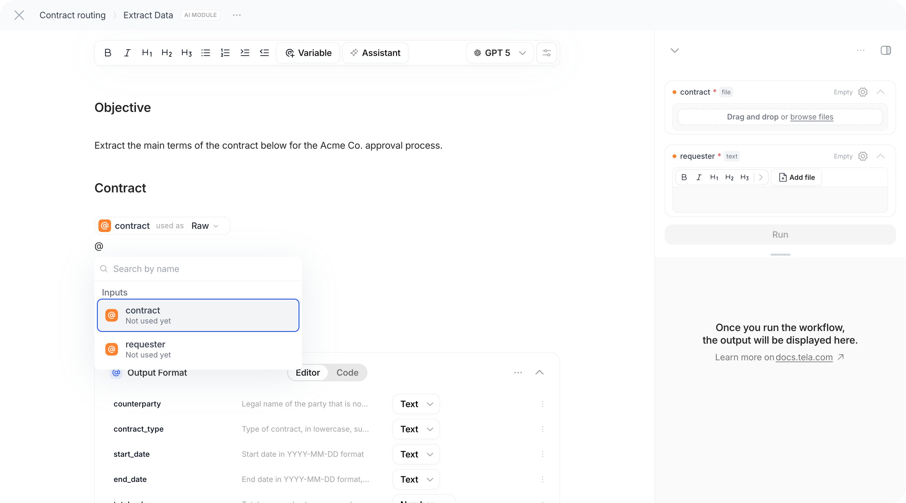 The @ menu inside an AI Module prompt, listing Workflow variables and Expected Outputs from previous steps