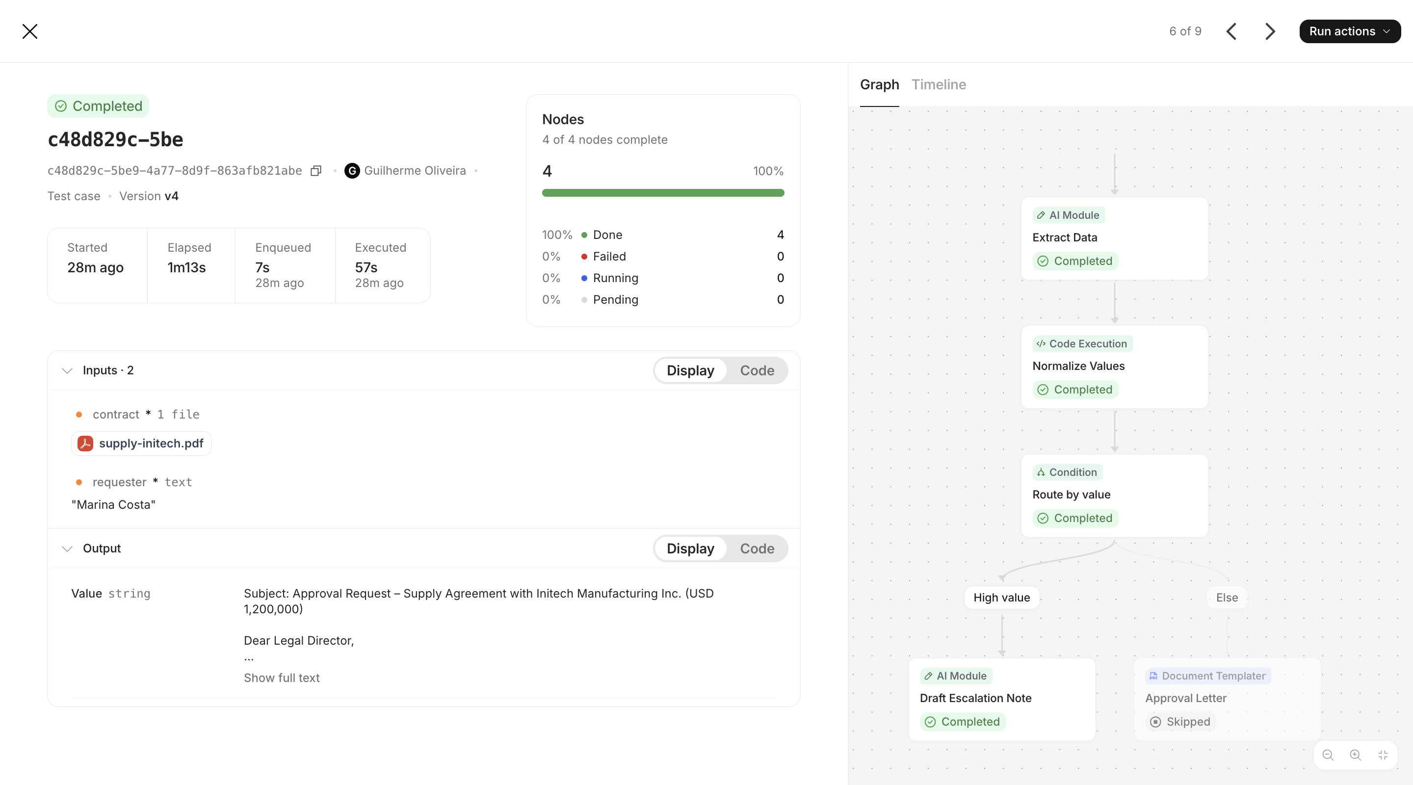 Debug experience with the executions table and one run selected, showing the node inspector