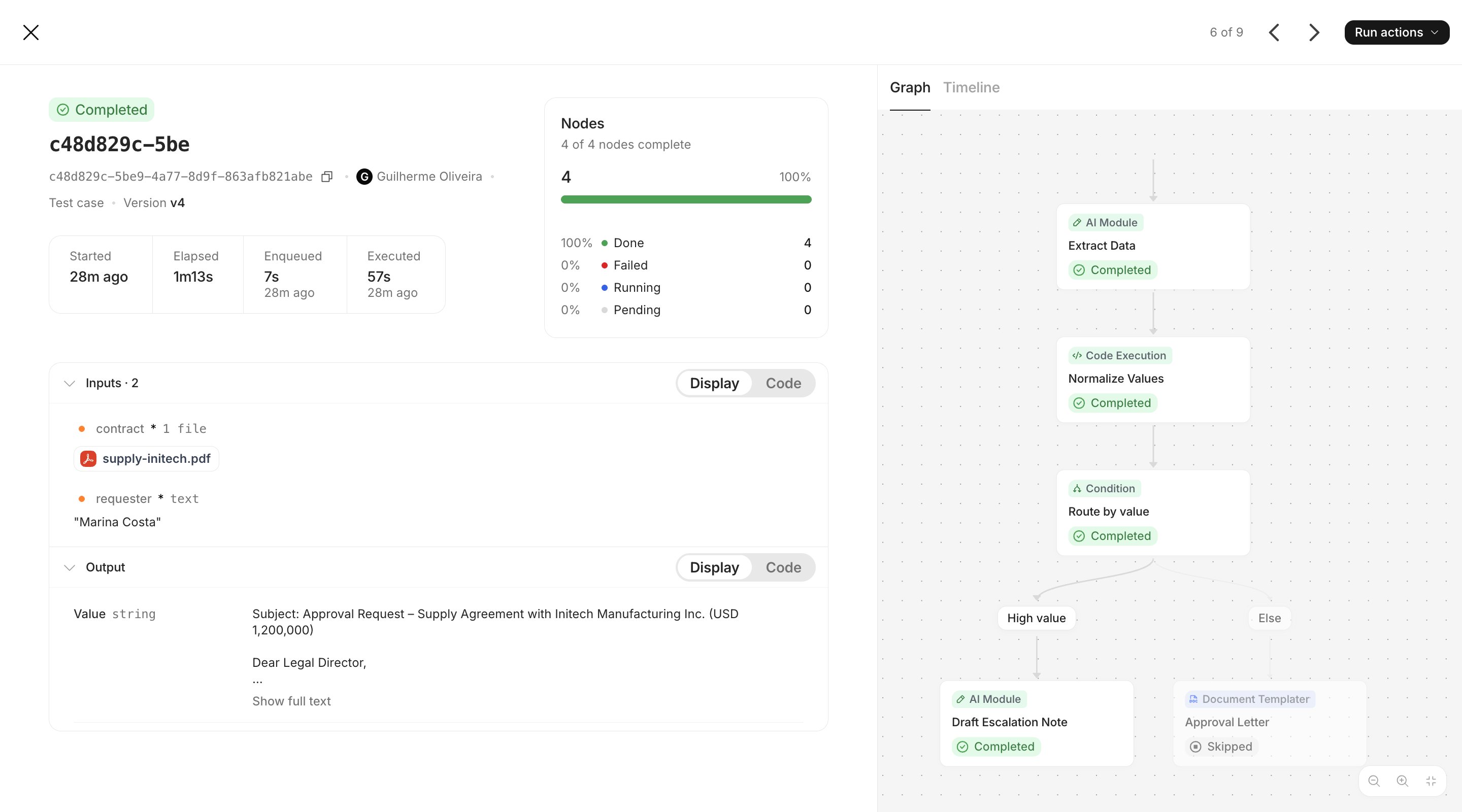 Debug experience with the executions table and one run selected, showing the node inspector