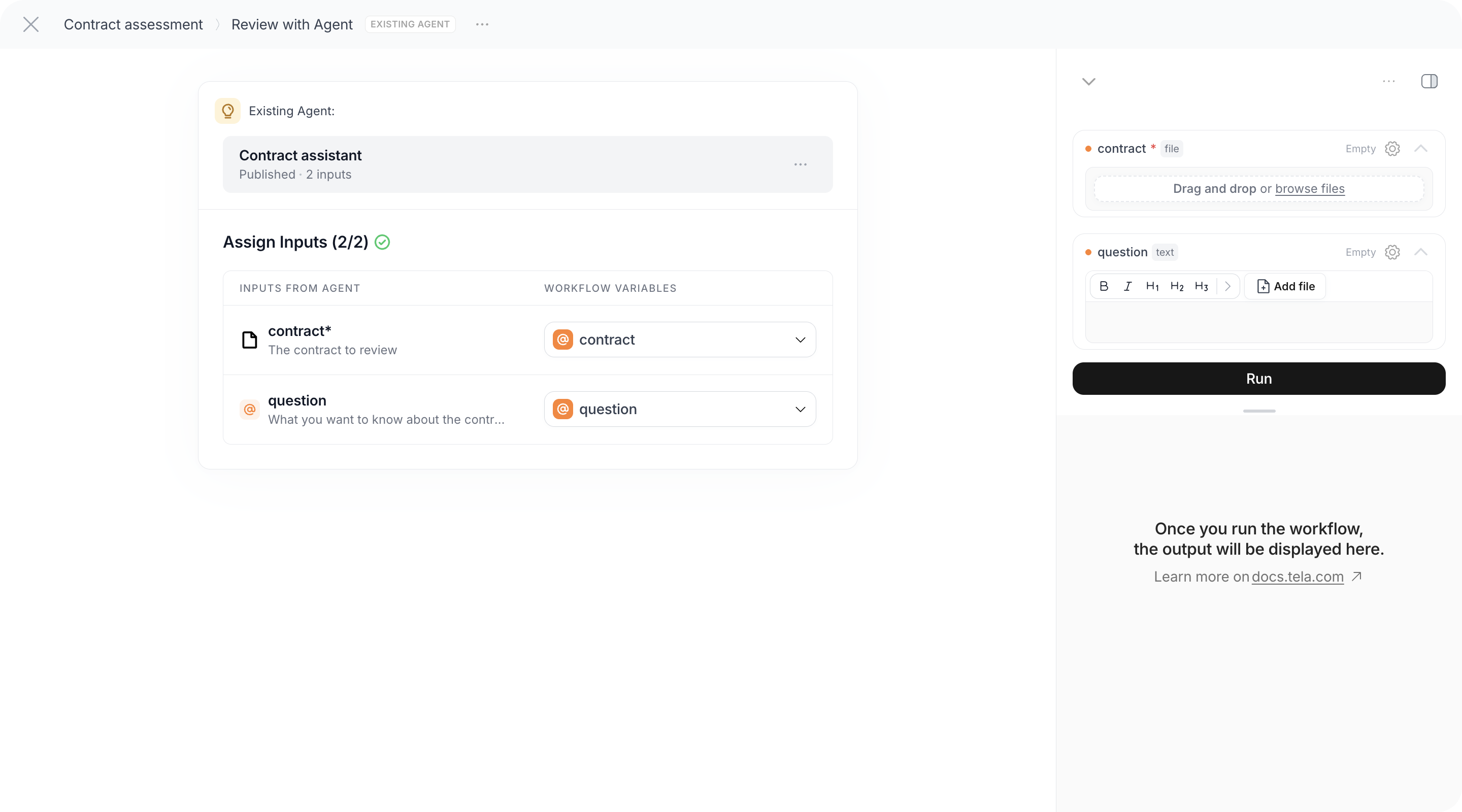 Existing Agent step in a Workflow with the Assign Inputs panel mapping contract and question