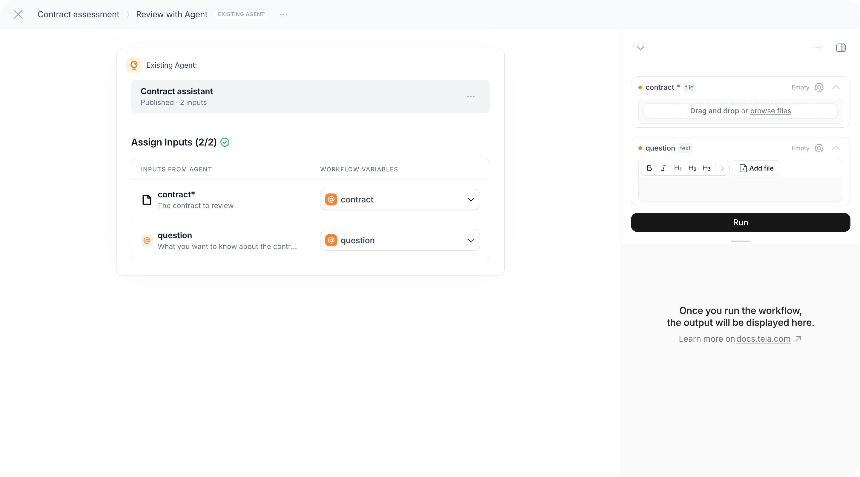 Existing Agent step in a Workflow with the Assign Inputs panel mapping contract and question