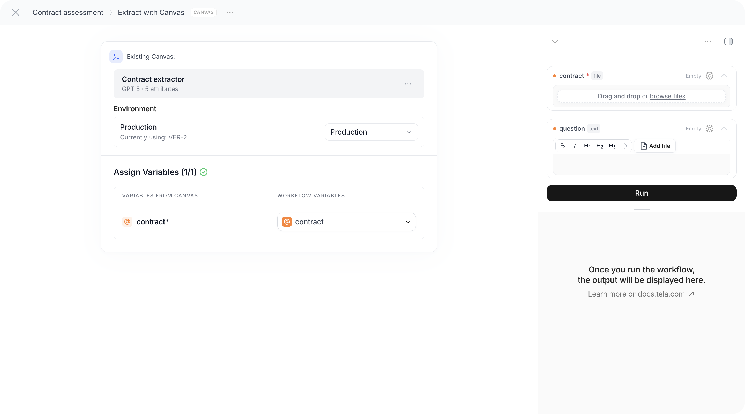 Existing Canvas step with the version selector and the Assign Variables mapping