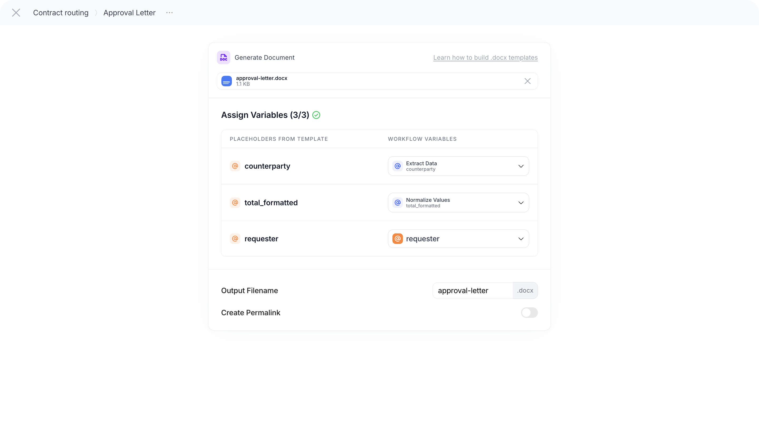Generate Document step with the uploaded template, Placeholders from Template mapped to variables and the Output Filename