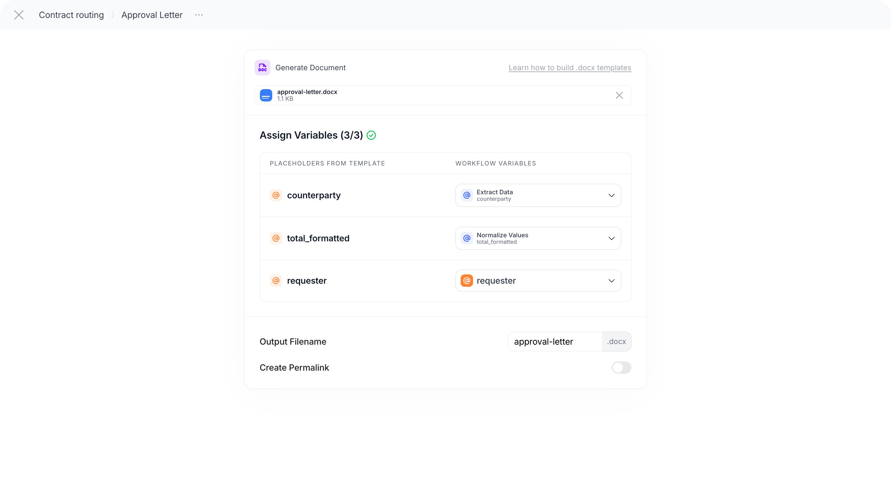 Generate Document step with the uploaded template, Placeholders from Template mapped to variables and the Output Filename