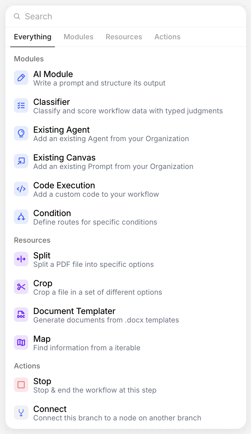 Module picker with the Modules and Resources groups visible