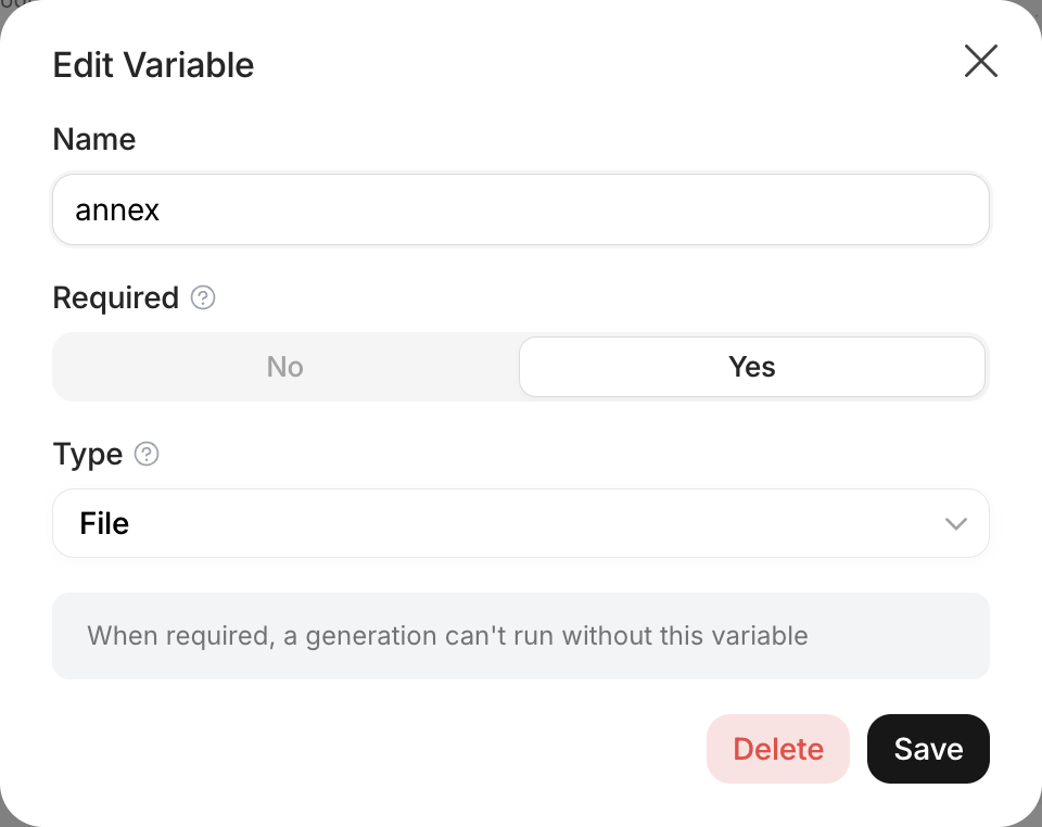 New Variable dialog with Name, Type, Required and Multimodal