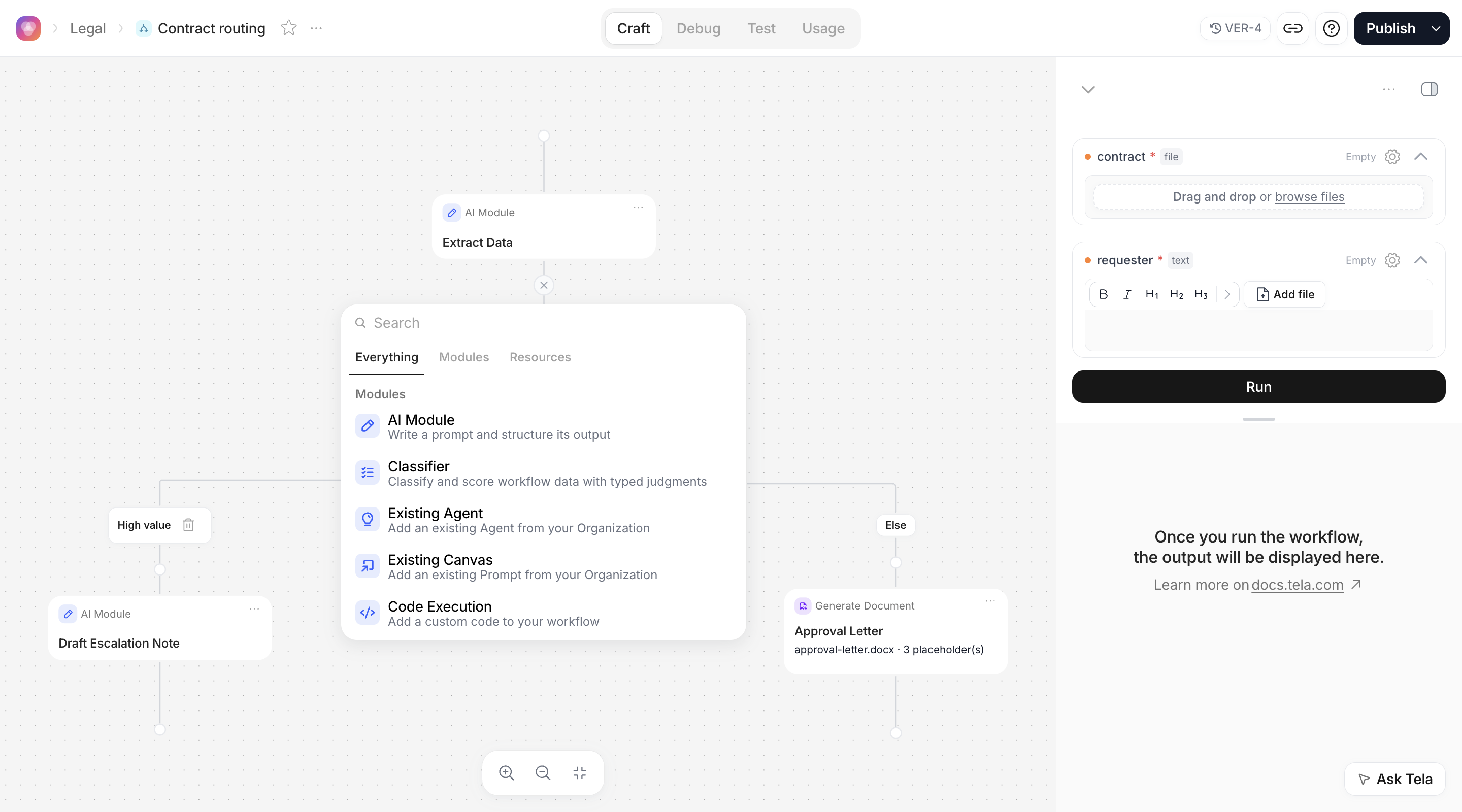 Craft experience with the module picker open on the left and the Inputs panel on the right