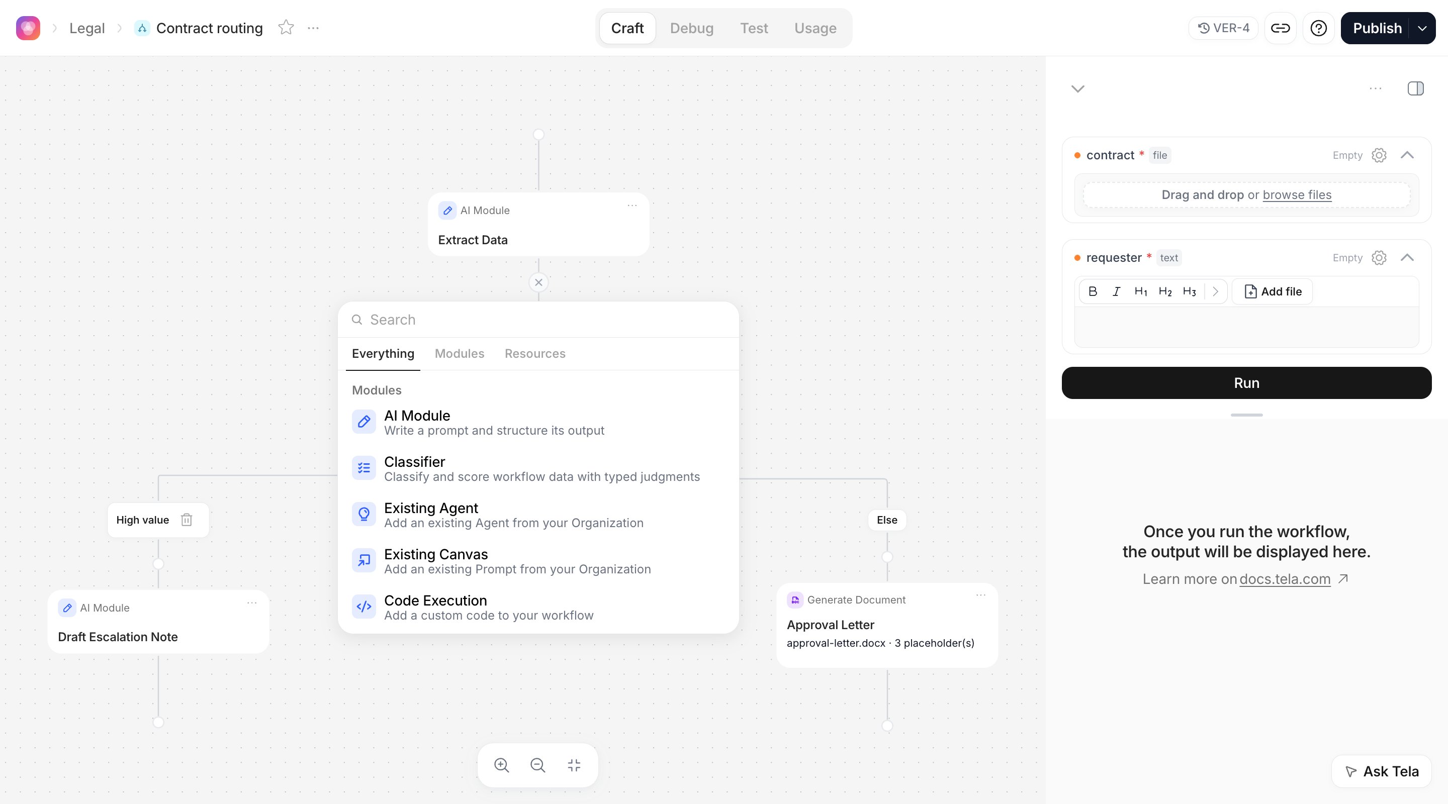 Craft experience with the module picker open on the left and the Inputs panel on the right