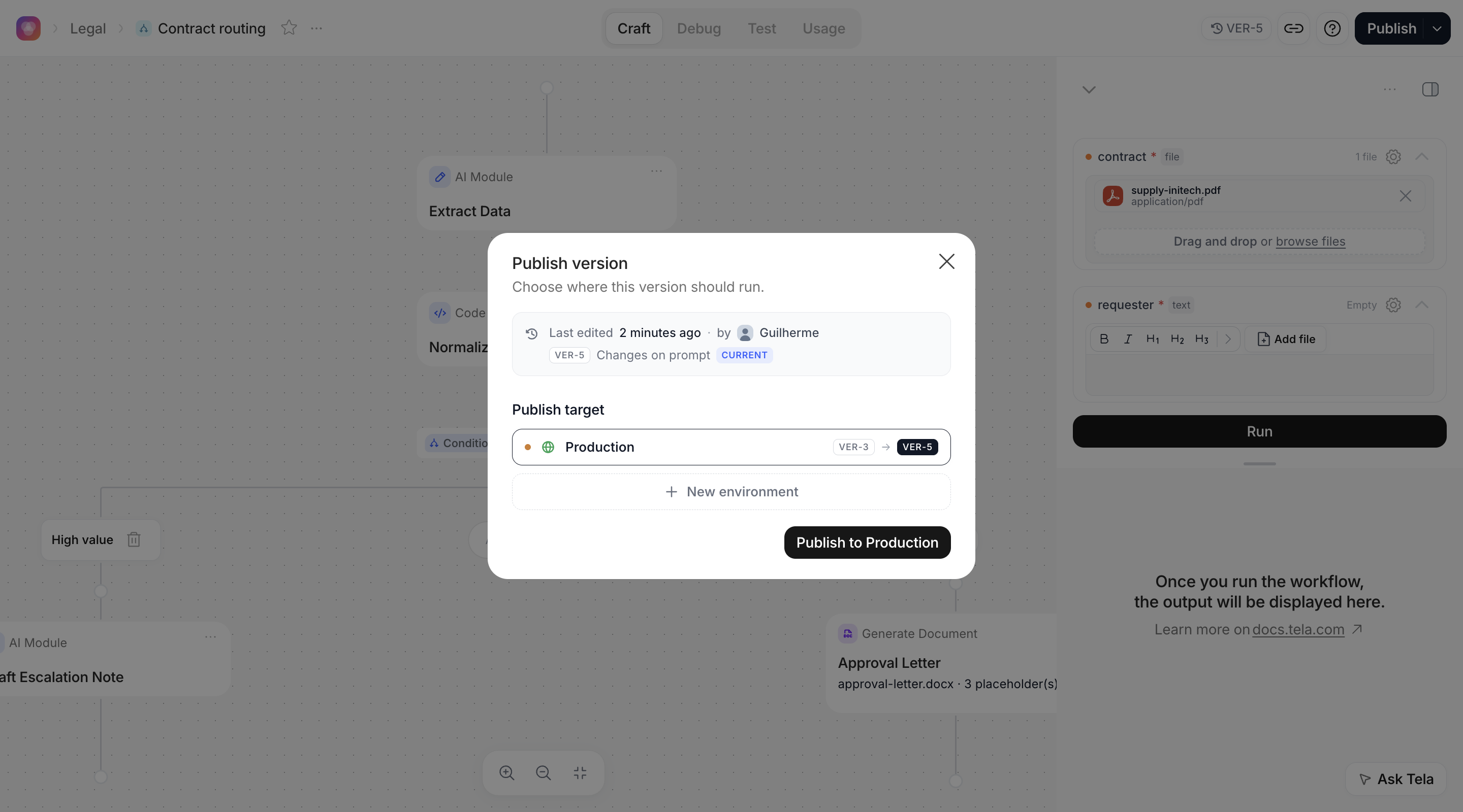Publish dialog of a Workflow with Production selected and the Deploy App switch