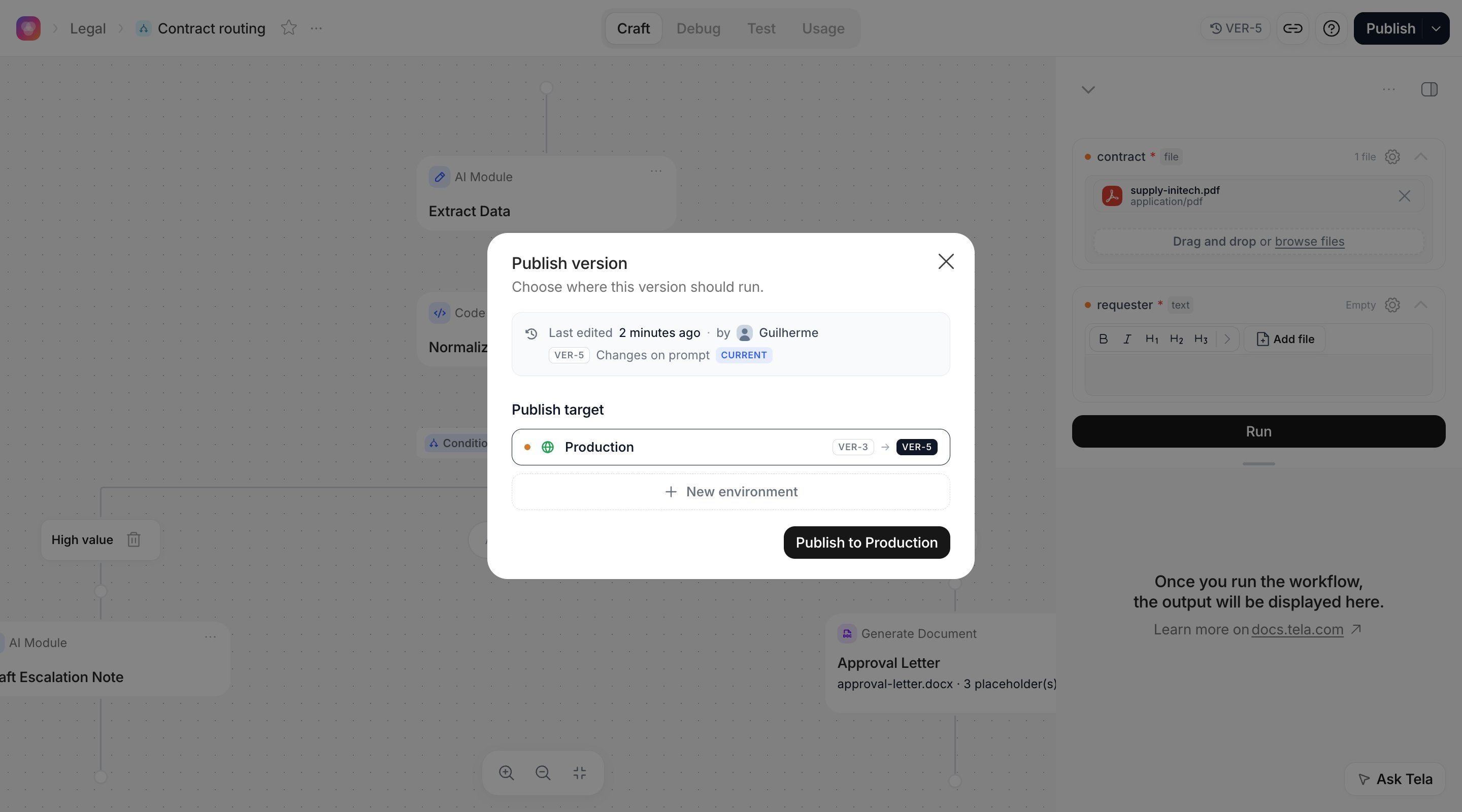 Publish dialog of a Workflow with Production selected and the Deploy App switch