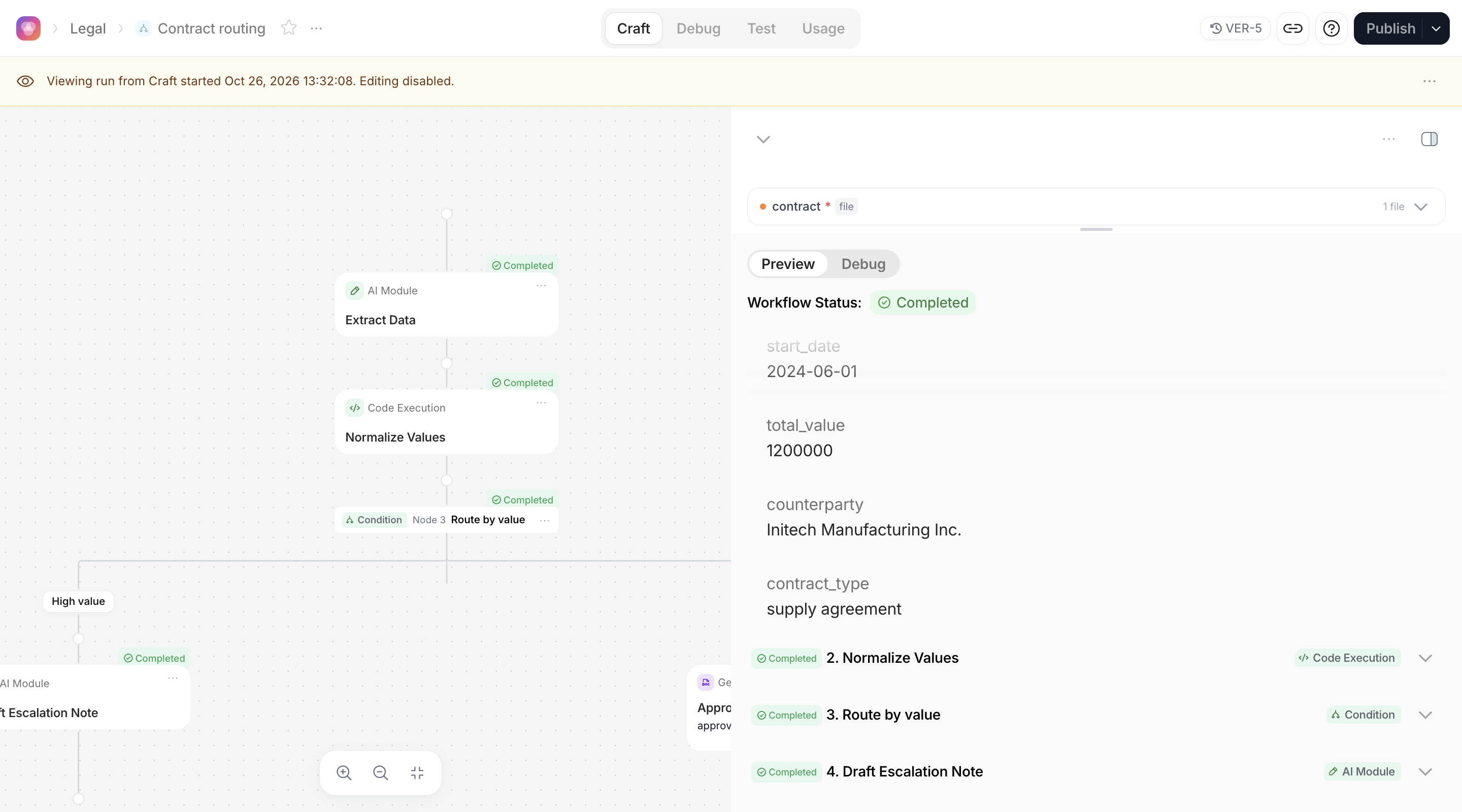 Result pane after a run, Preview tab, with the Extract Data section expanded and the Approval Letter file