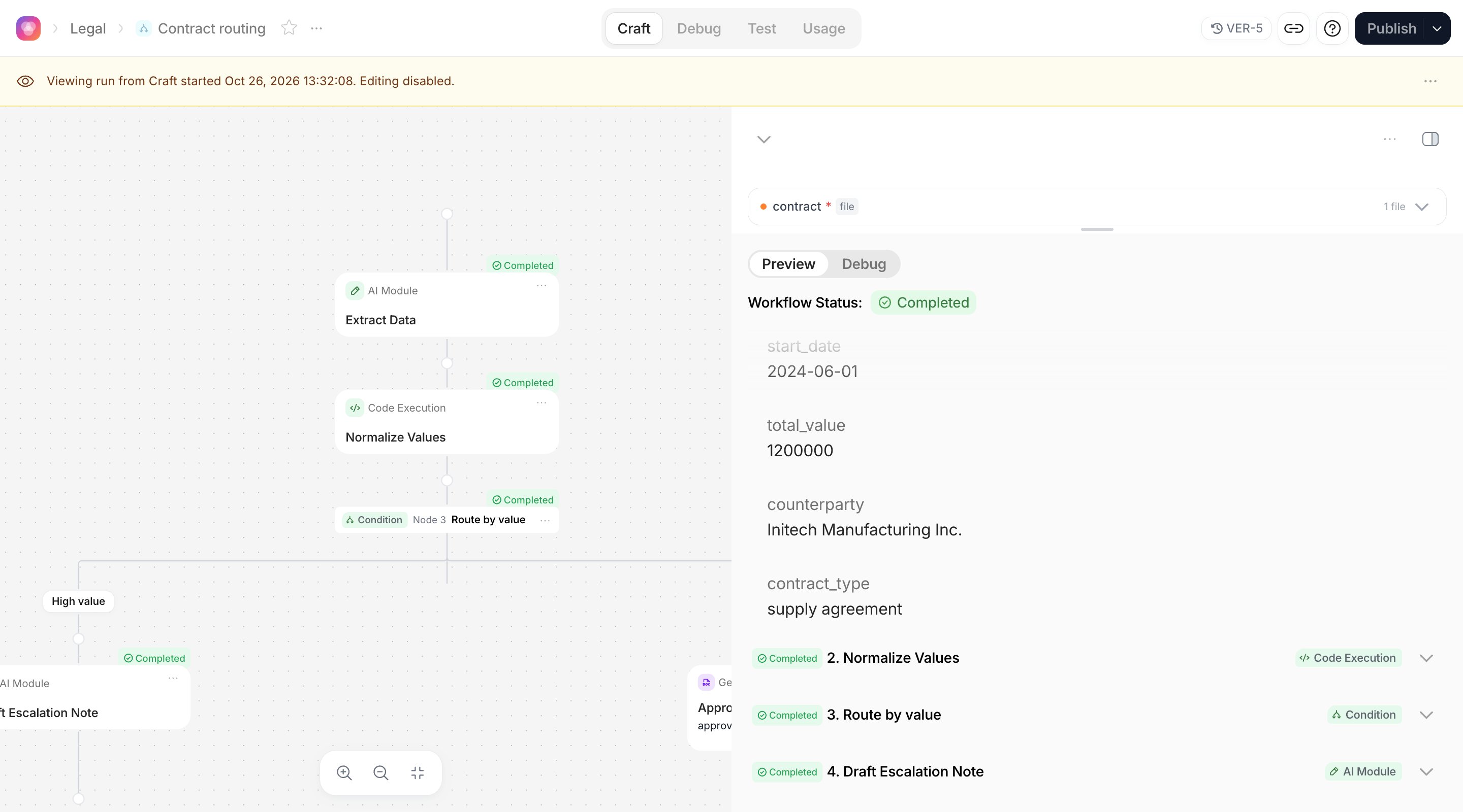 Result pane after a run, Preview tab, with the Extract Data section expanded and the Approval Letter file