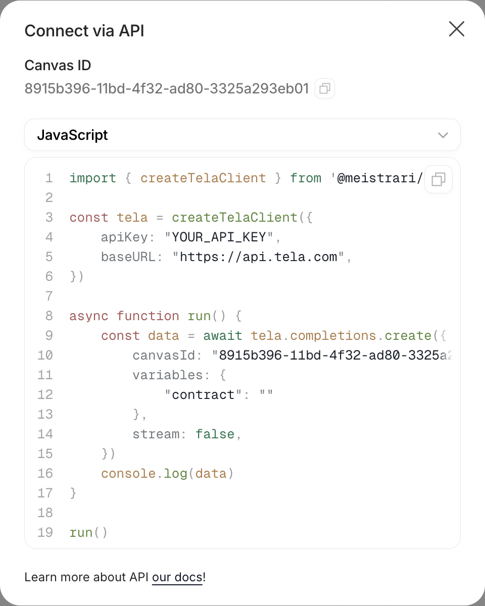 Connect via API modal