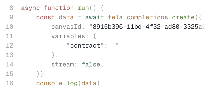 Snippet with the variables of the Canvas