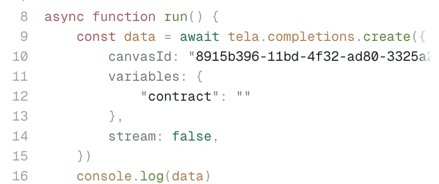 Snippet with the variables of the Canvas