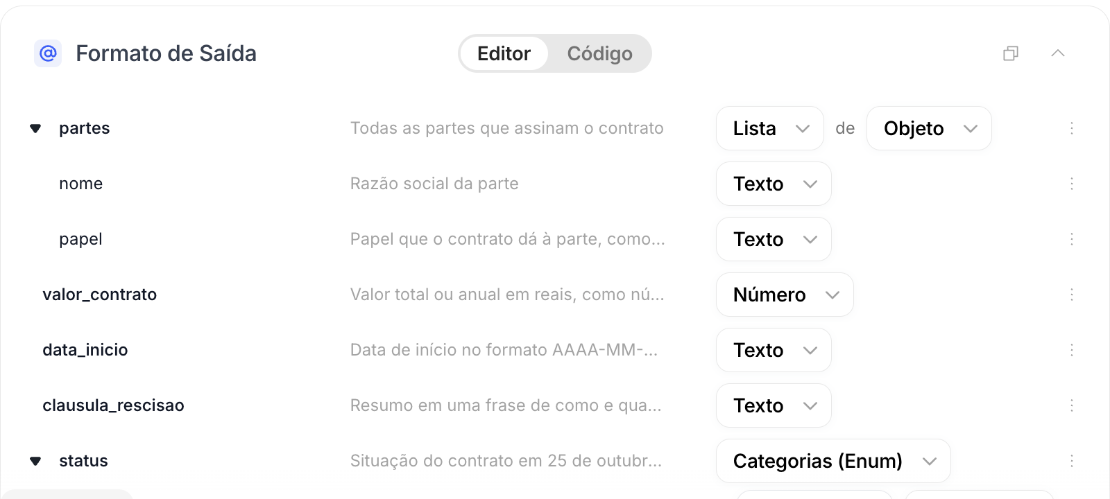 Formato de Saída com uma lista de objetos partes