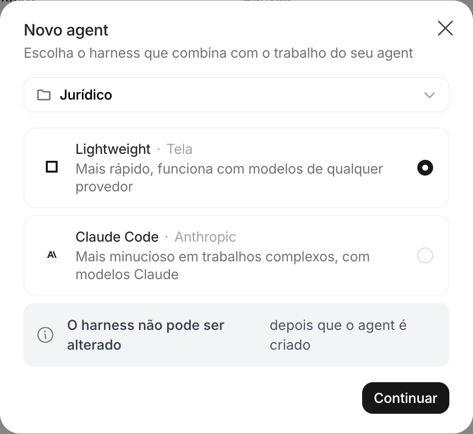 Diálogo Novo agent com o seletor de Projeto e as opções de harness Lightweight e Claude Code