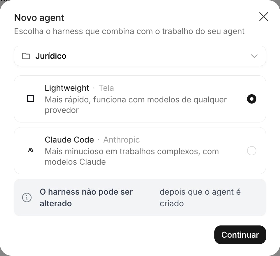 Diálogo Novo agent com o seletor de Projeto e as opções de harness Lightweight e Claude Code