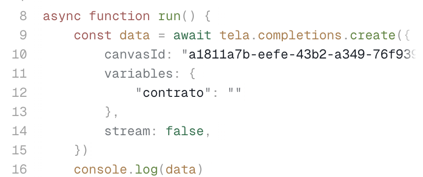 Snippet com as variáveis do Canvas