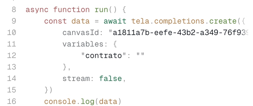 Snippet com as variáveis do Canvas