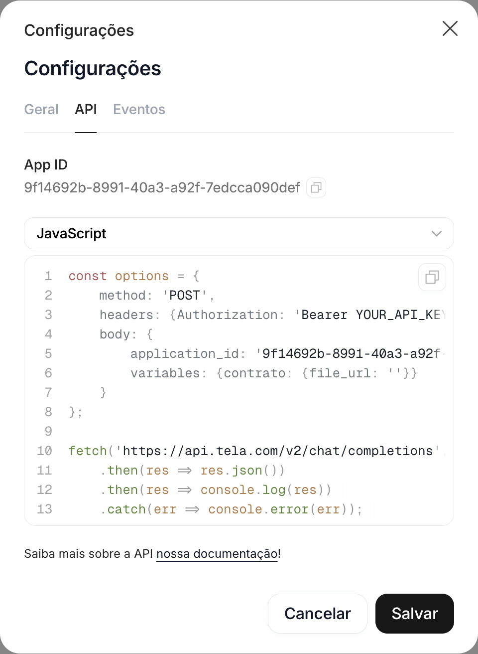 Aba API das configurações do app