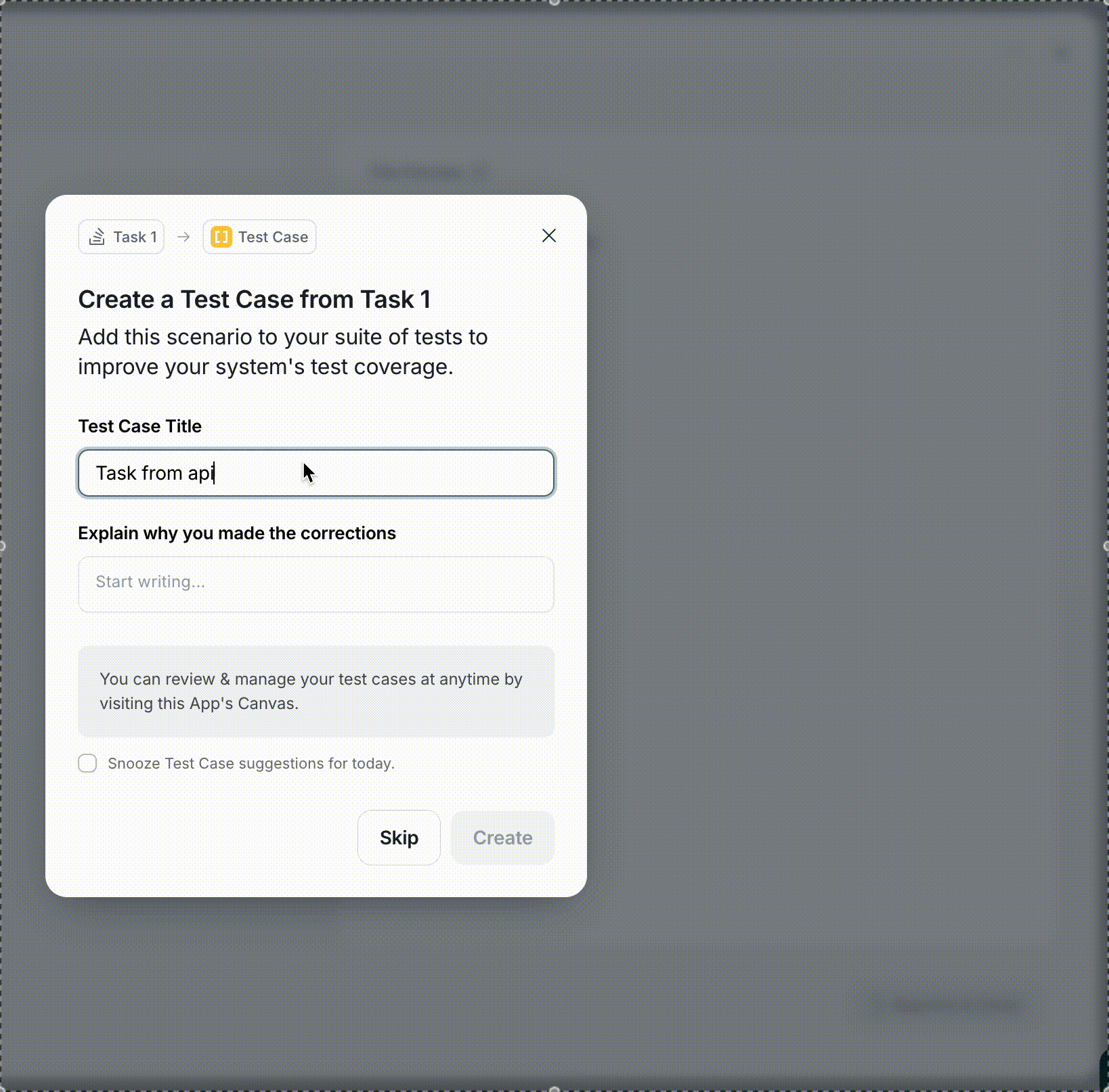 Test case creation suggestion after task approval