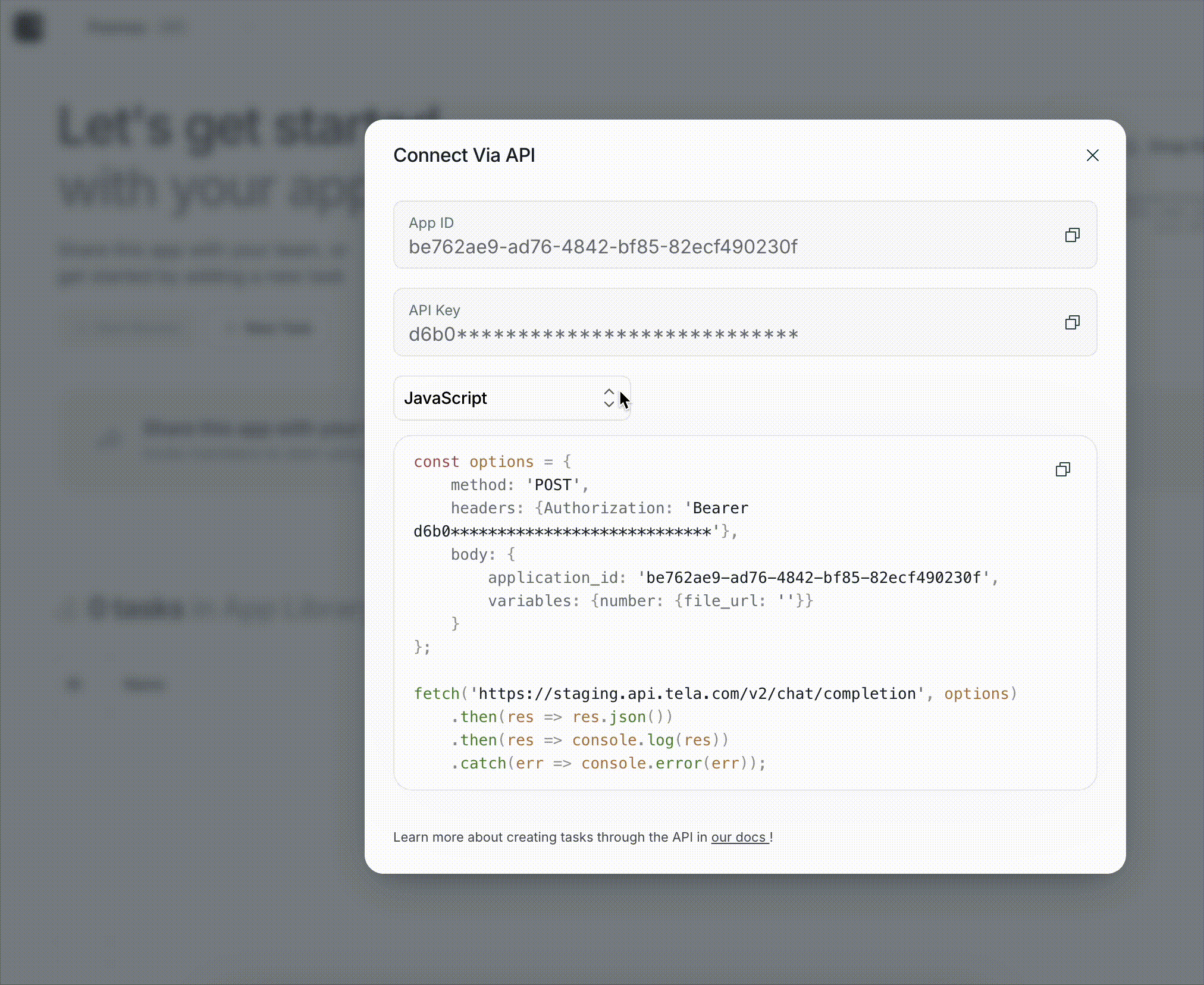 Creating tasks via API integration