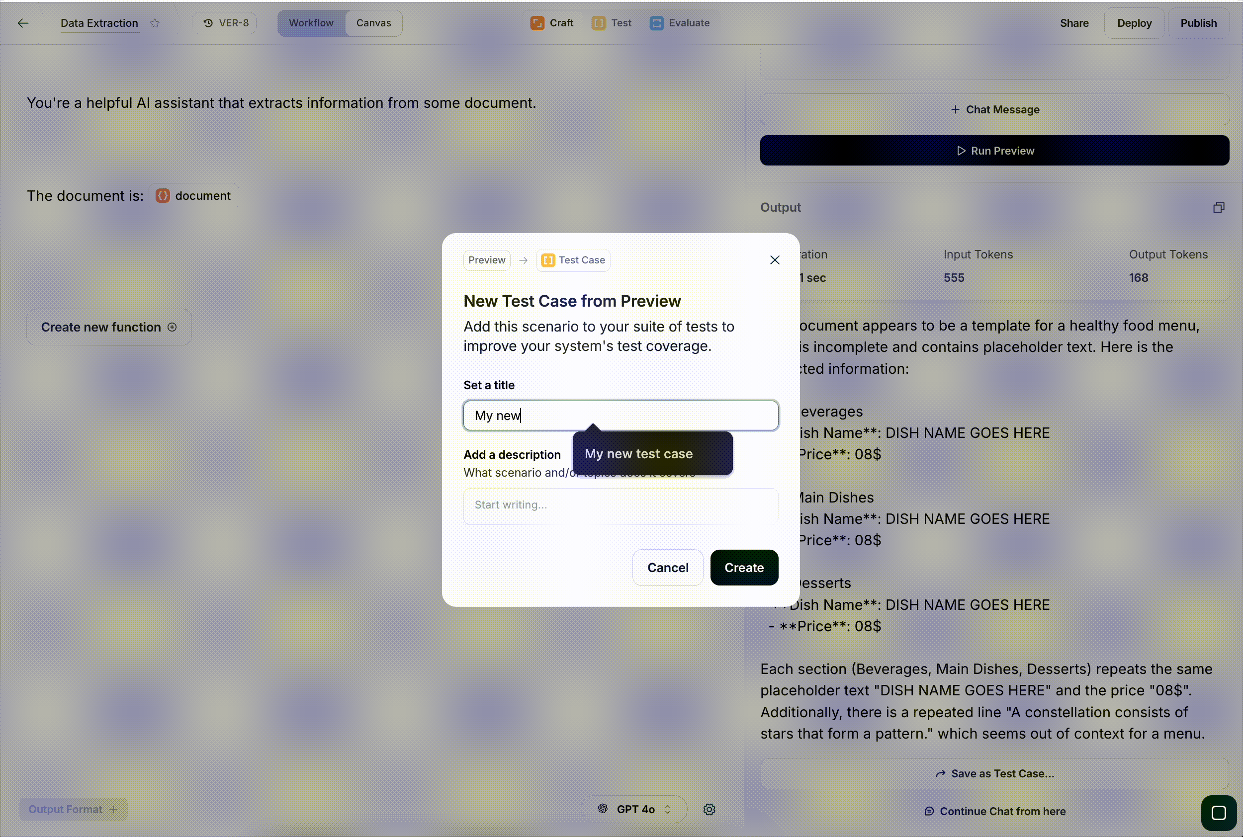 Criação de Test Case a partir da tela de preview