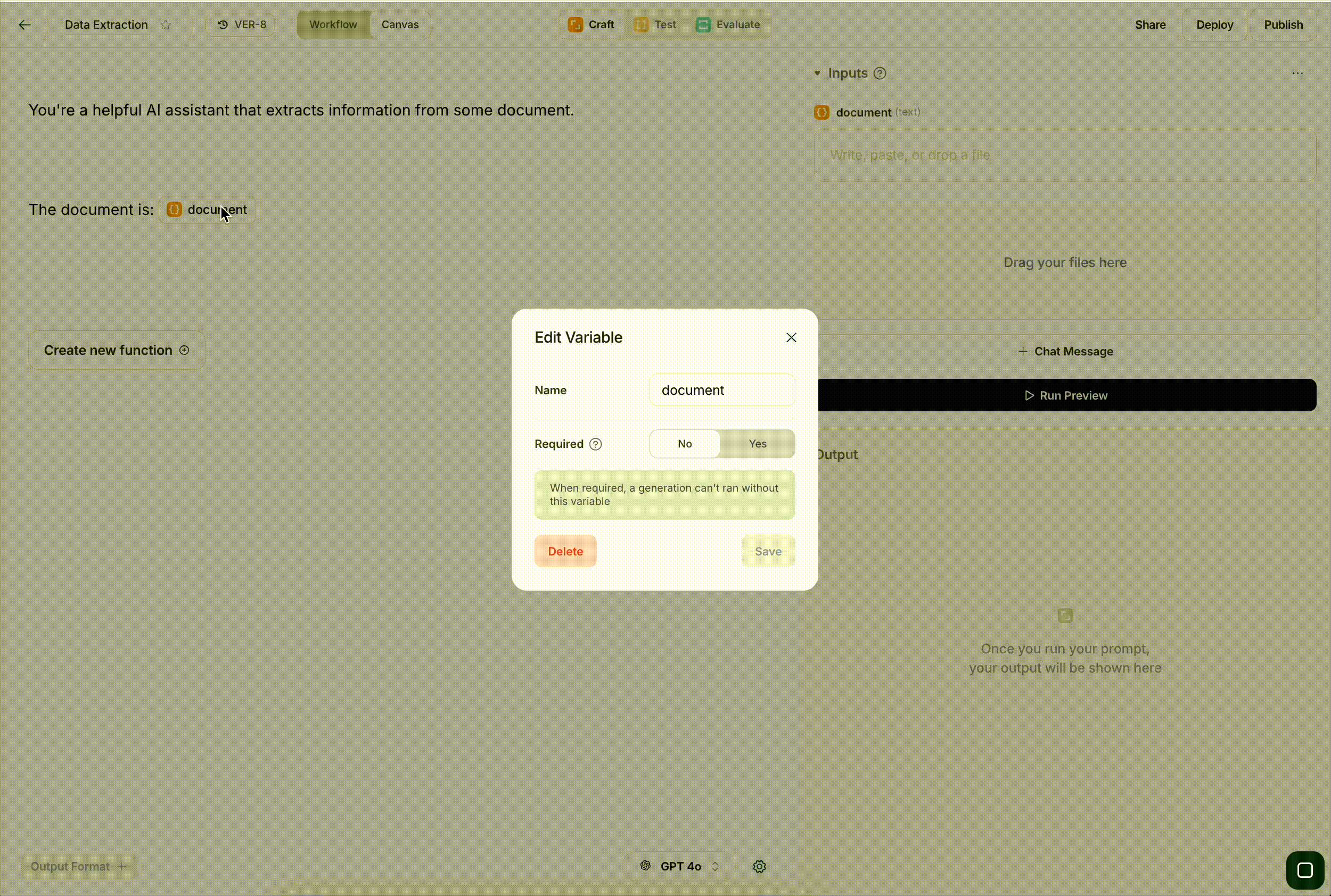 Edição de configurações de variáveis no editor