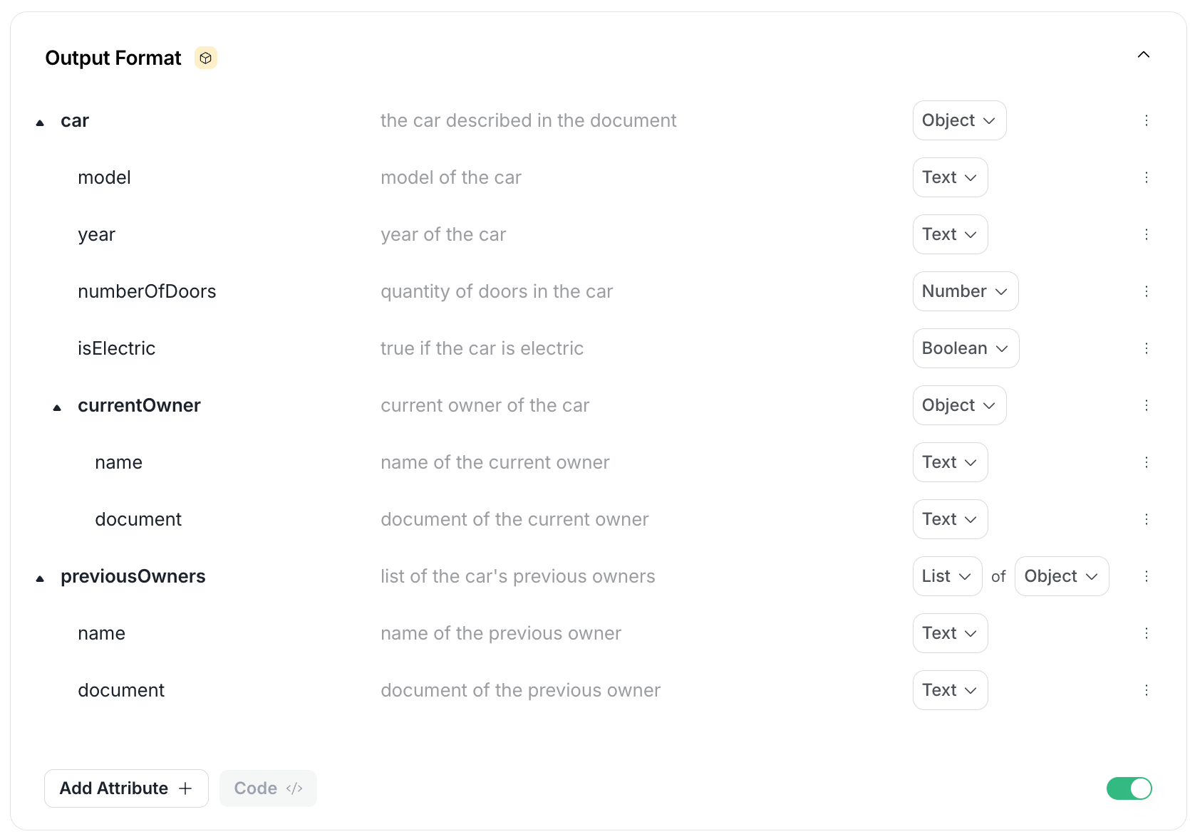 Interface do Output Format com objeto 'car'