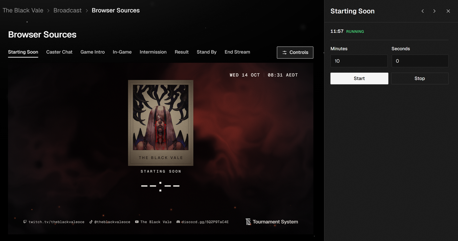 Browser Sources showing the Starting Soon preview, with the Controls panel open on the right