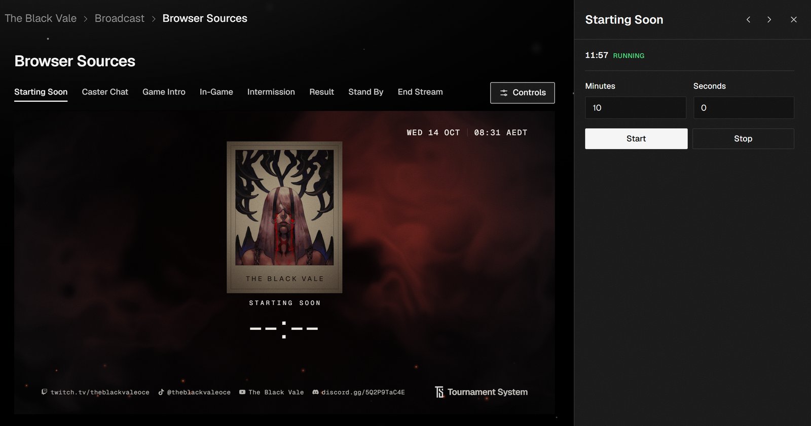 Browser Sources showing the Starting Soon preview, with the Controls panel open on the right