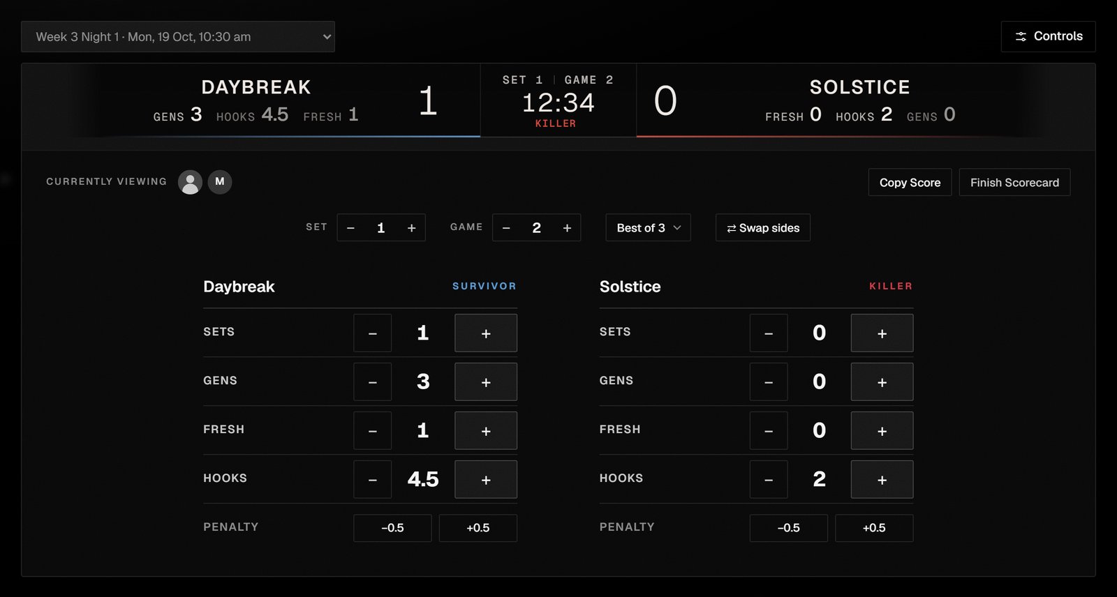 Live with a scorecard open: the stream list, the In-Game score bar, Copy Score and Finish Scorecard, the Set and Game steppers, and each team's Sets, Gens, Fresh, Hooks and Penalty