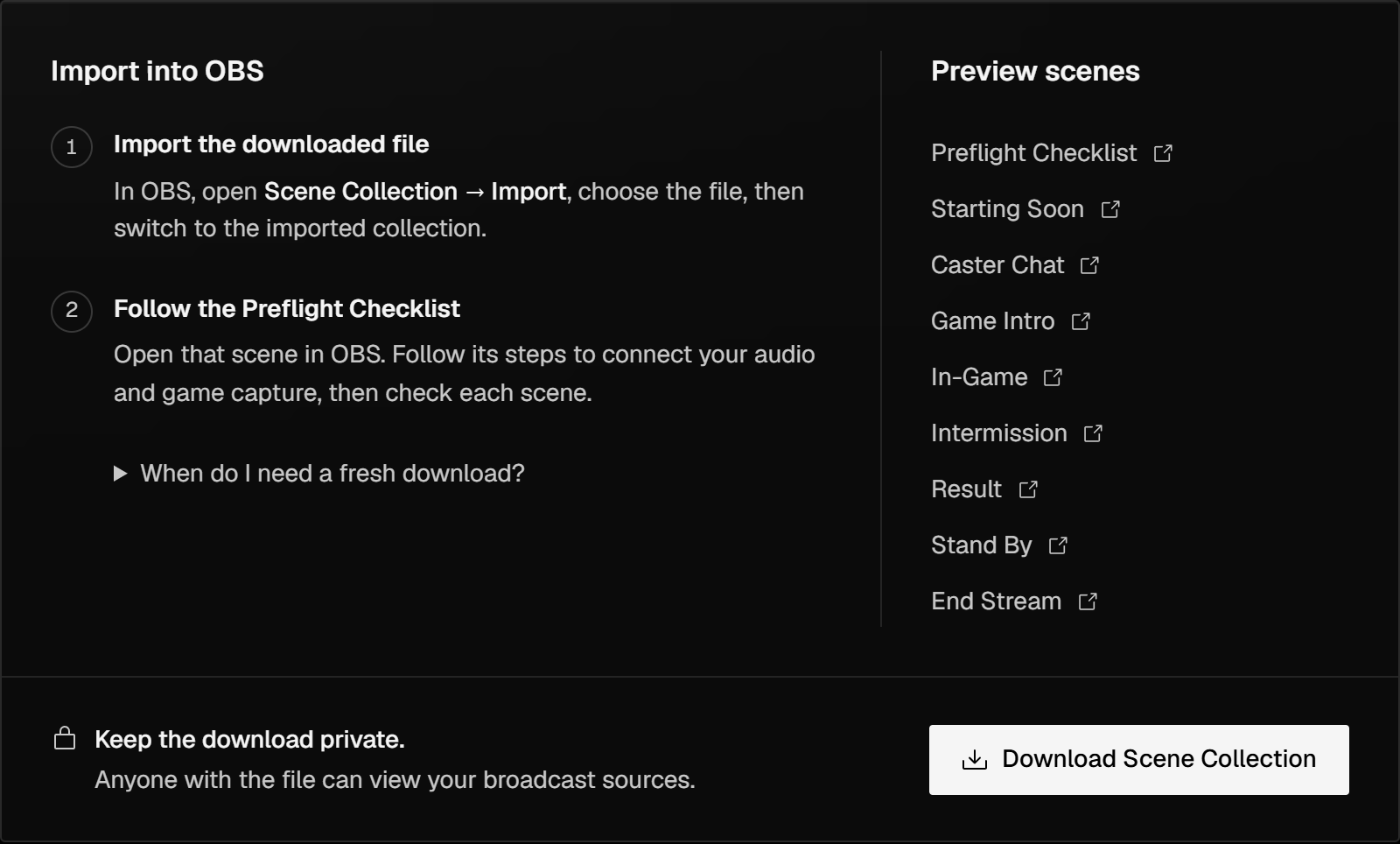 OBS Setup: the import steps, the Preview scenes list and Download Scene Collection